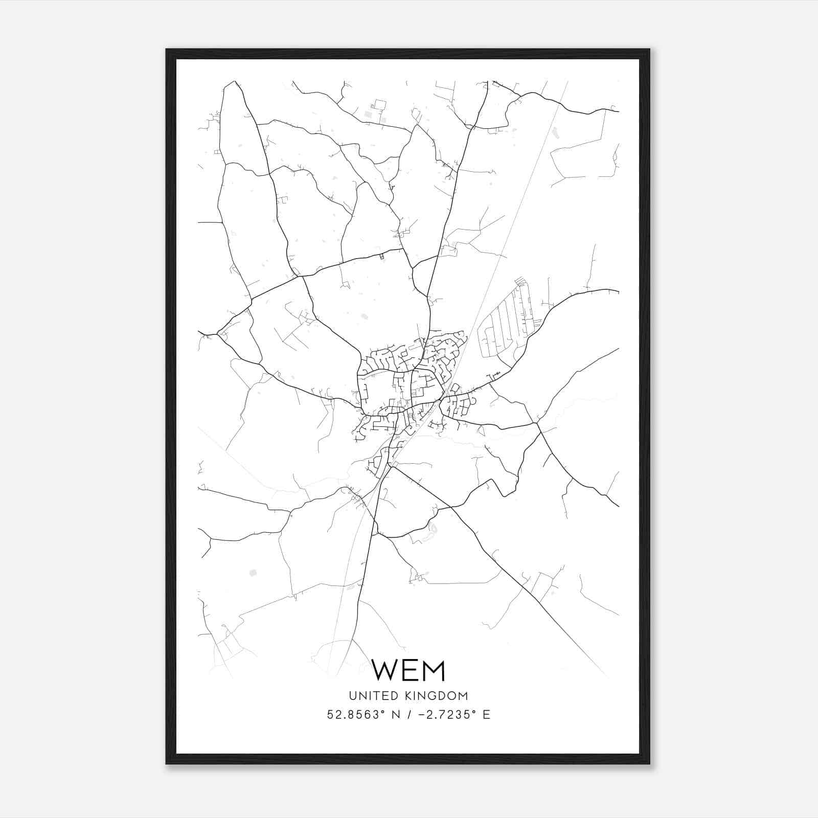 Wem United Kingdom Map Poster, Modern Home Decor Wall Art Print