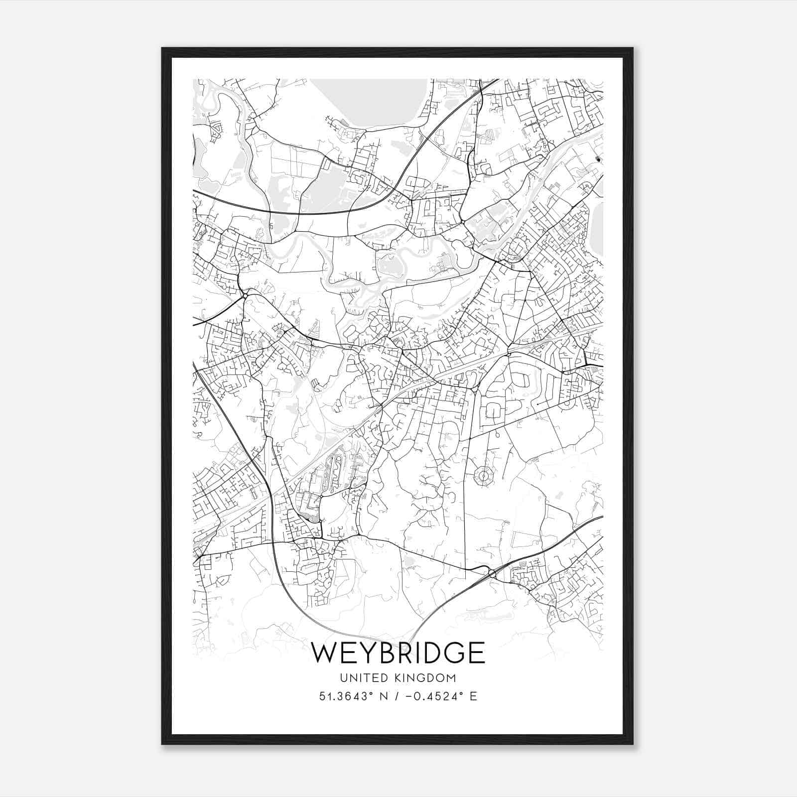 Weybridge United Kingdom Map Poster, Modern Home Decor Wall Art Print