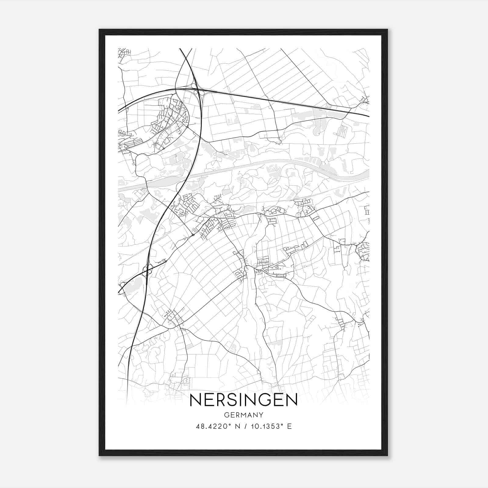 Nersingen Germany Map Poster, Modern Home Decor Wall Art Print