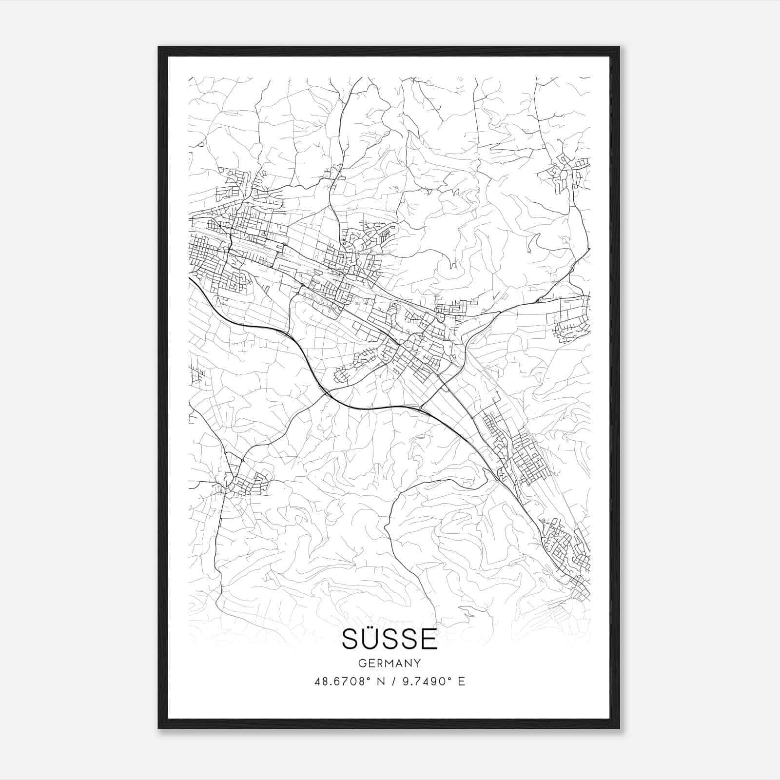 Sussen Germany Map Poster, Modern Home Decor Wall Art Print