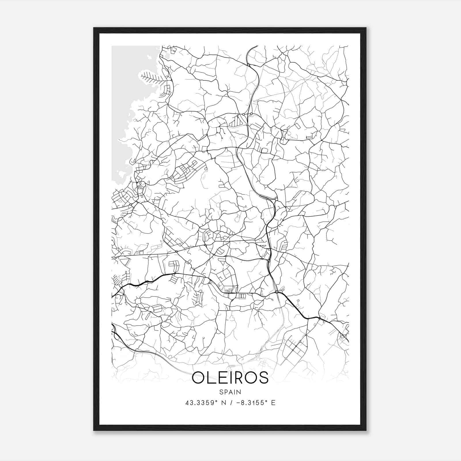 Oleiros Spain Map Poster, Modern Home Decor Wall Art Print