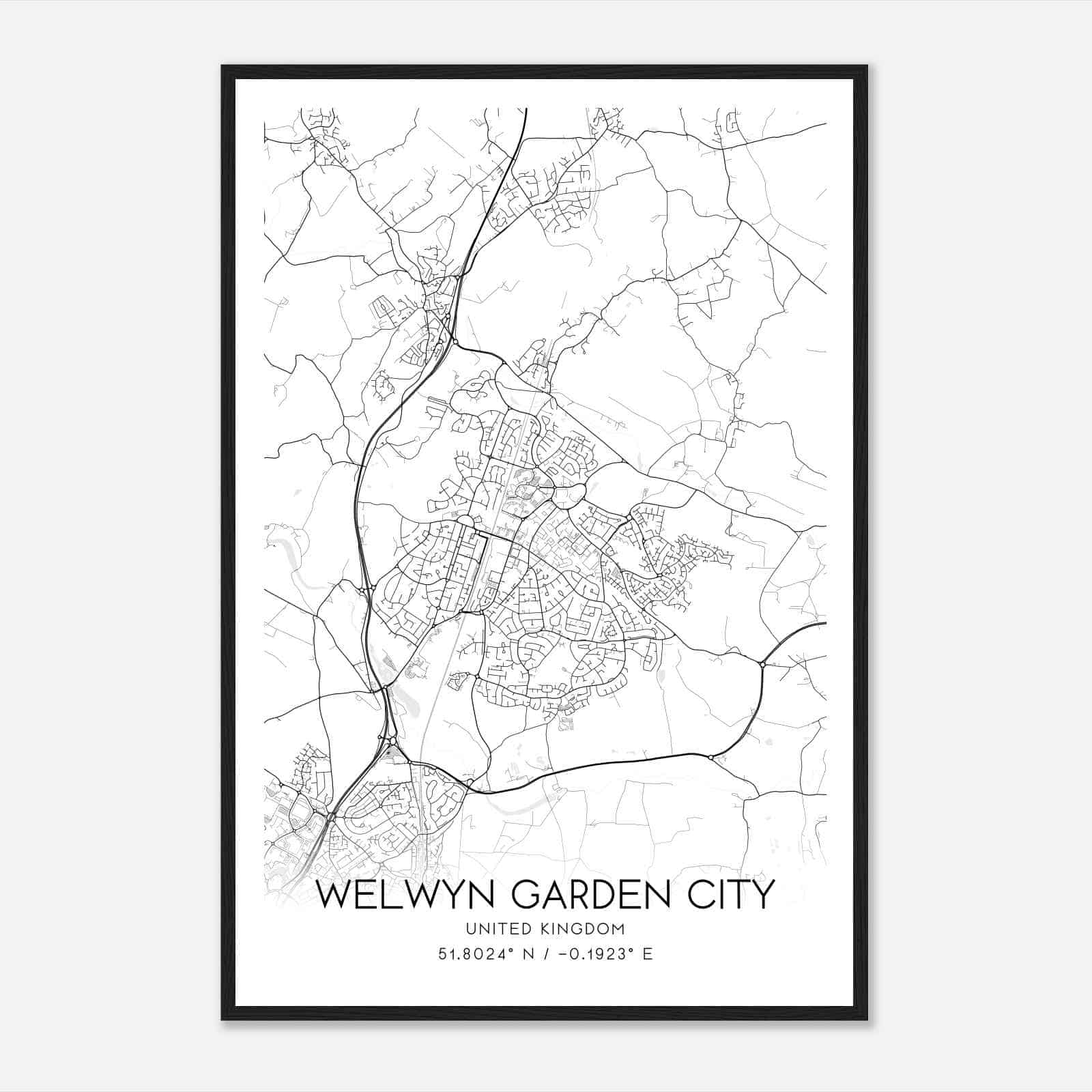 Welwyn Garden City United Kingdom Map Poster, Modern Home Decor Wall Art Print