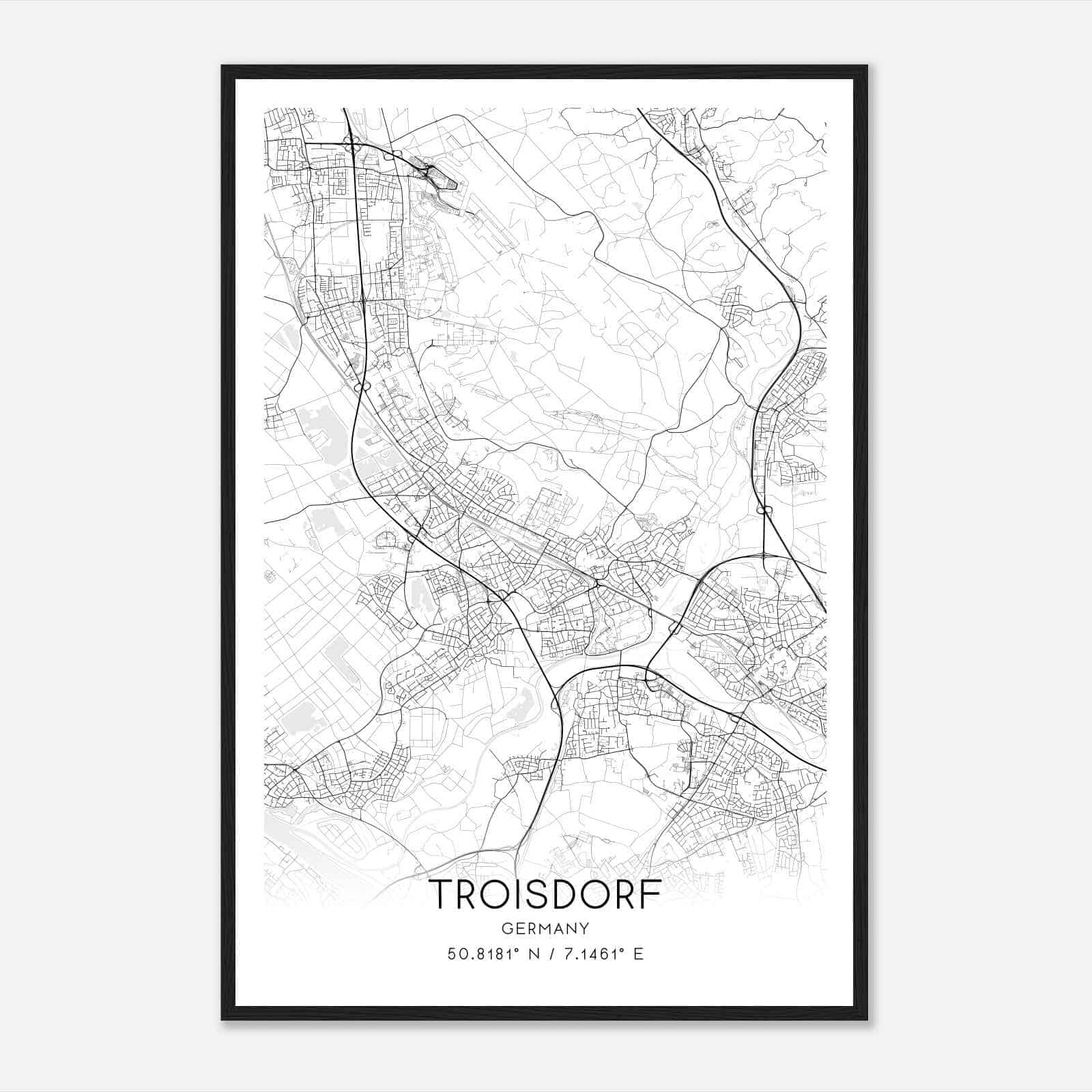 Troisdorf Germany Map Poster, Modern Home Decor Wall Art Print