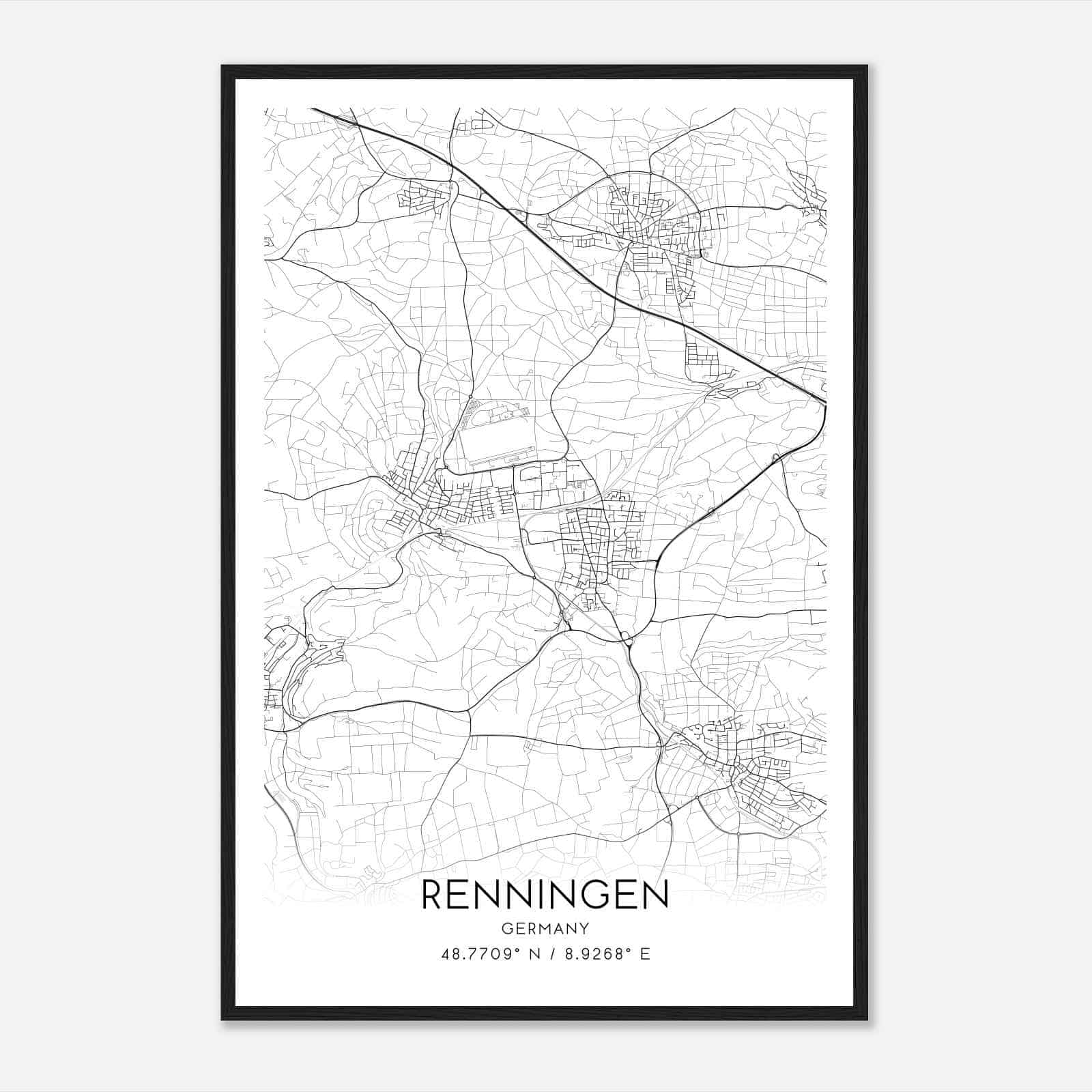 Renningen Germany Map Poster, Modern Home Decor Wall Art Print