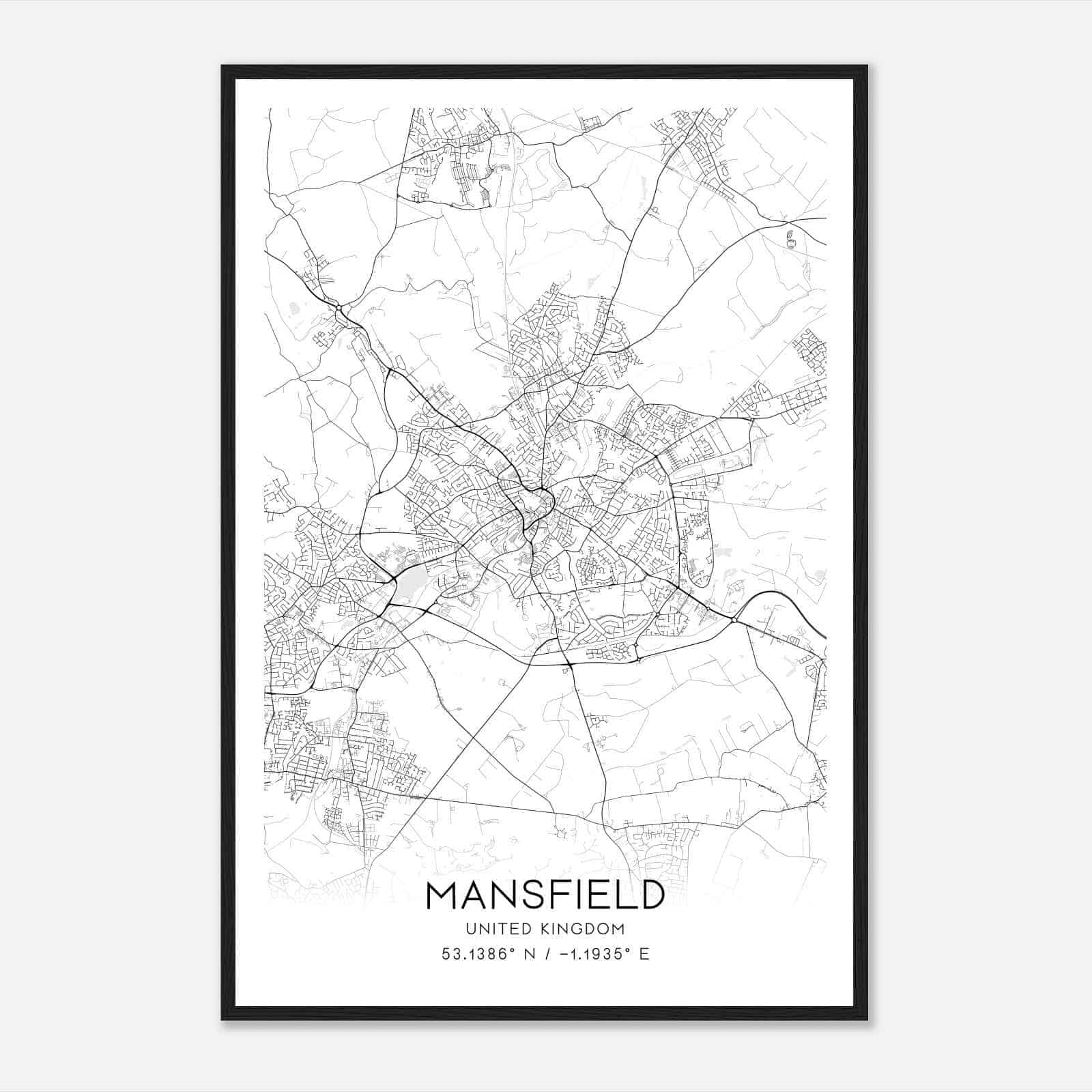 Mansfield United Kingdom Map Poster, Modern Home Decor Wall Art Print
