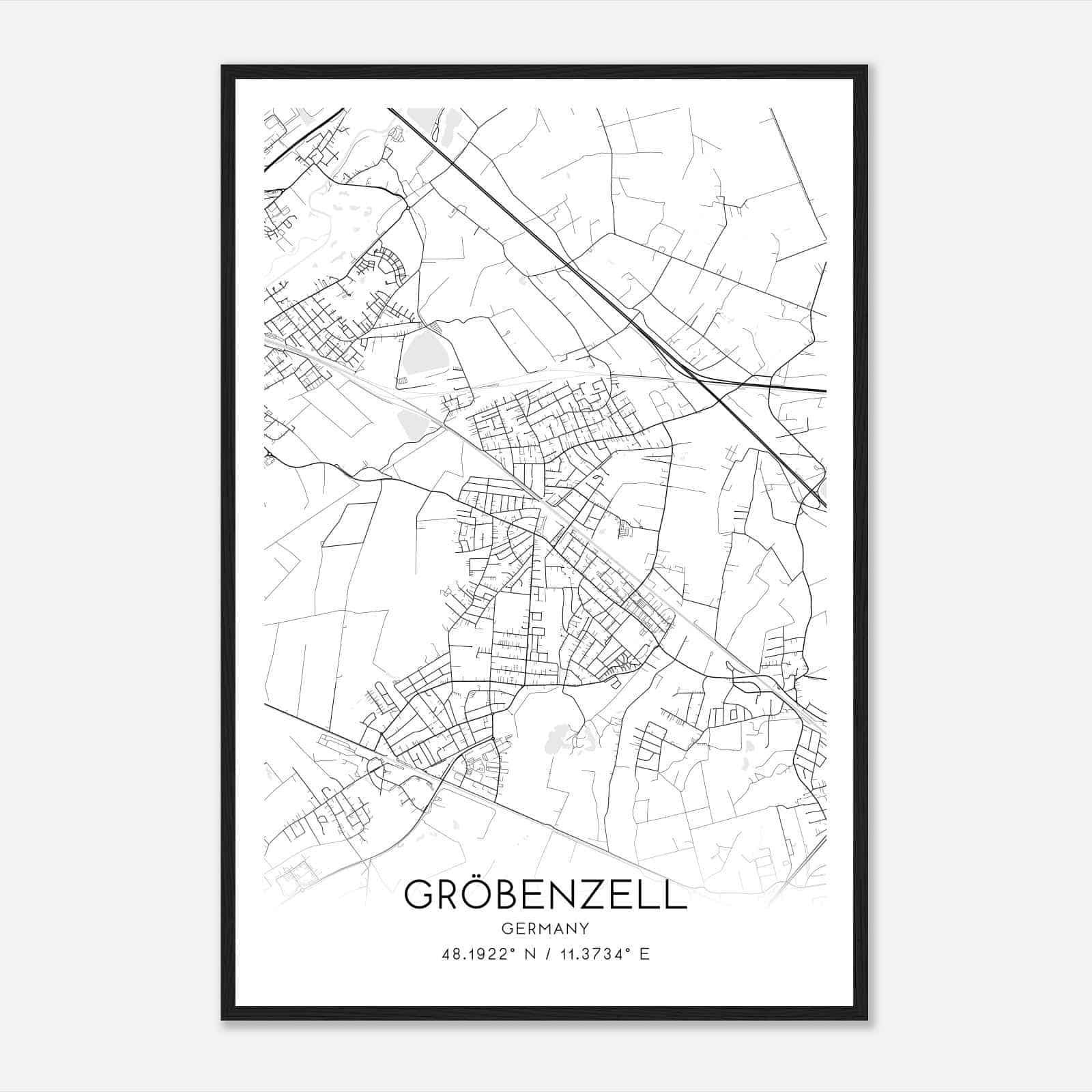Grobenzell Germany Map Poster, Modern Home Decor Wall Art Print