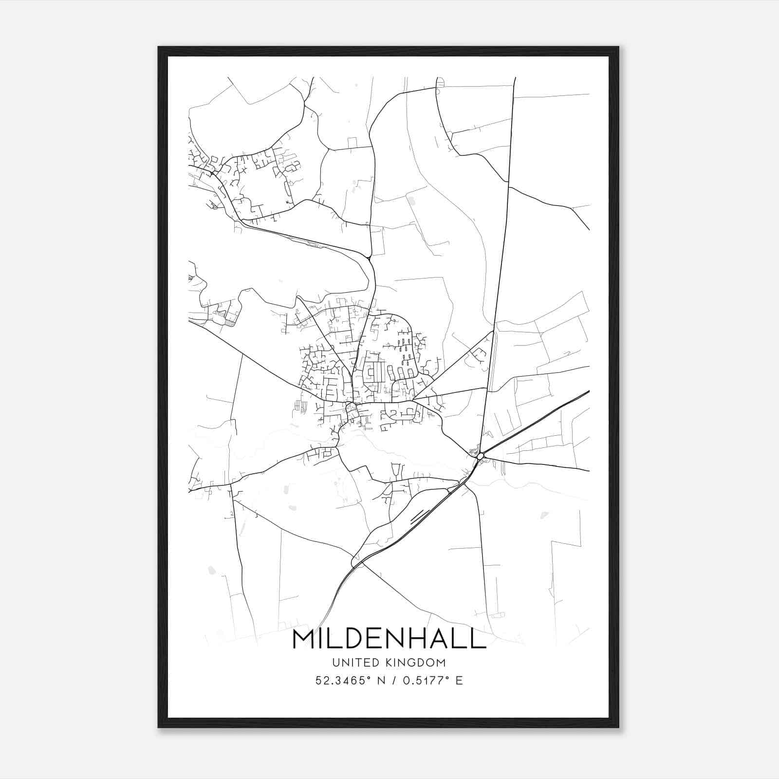 Mildenhall United Kingdom Map Poster, Modern Home Decor Wall Art Print