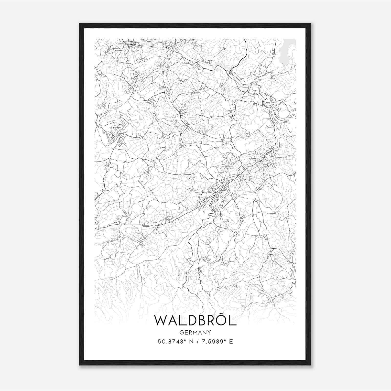Waldbrol Germany Map Poster, Modern Home Decor Wall Art Print