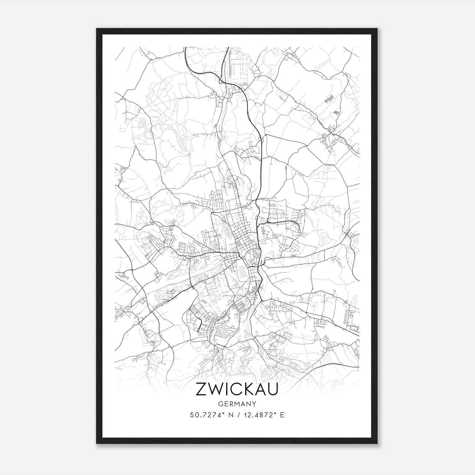 Zwickau Germany Map Poster, Modern Home Decor Wall Art Print