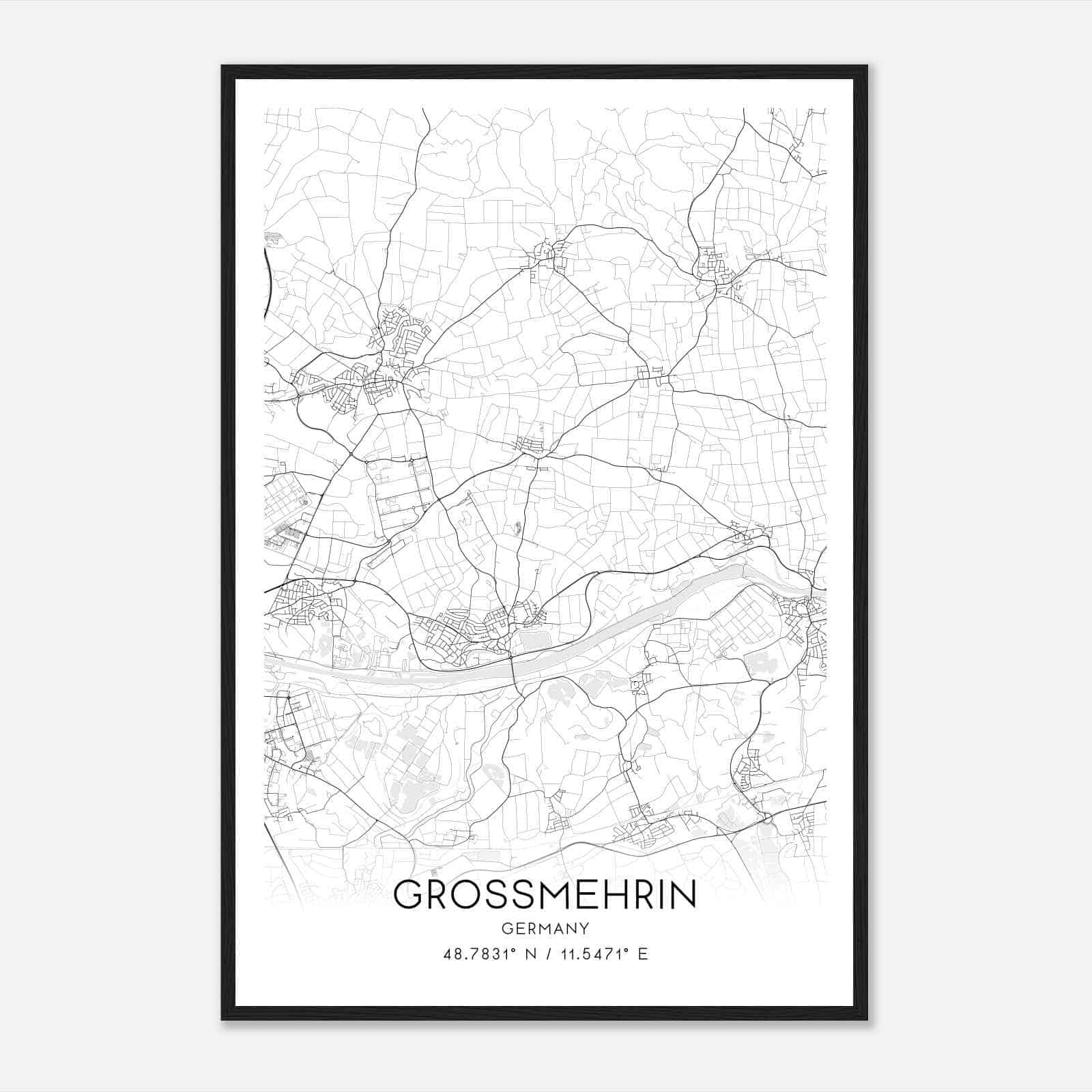 Grossmehring Germany Map Poster, Modern Home Decor Wall Art Print