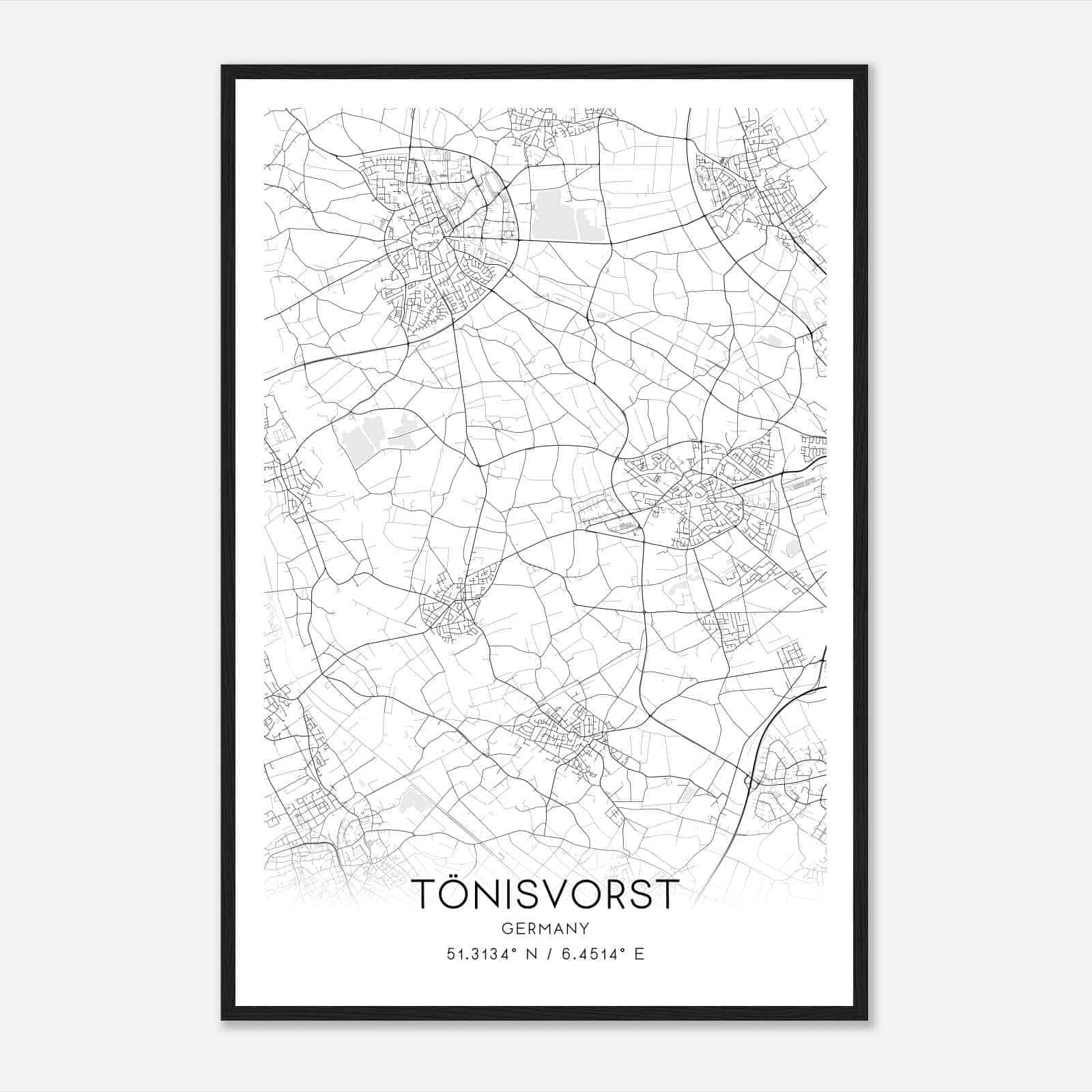 Tonisvorst Germany Map Poster, Modern Home Decor Wall Art Print