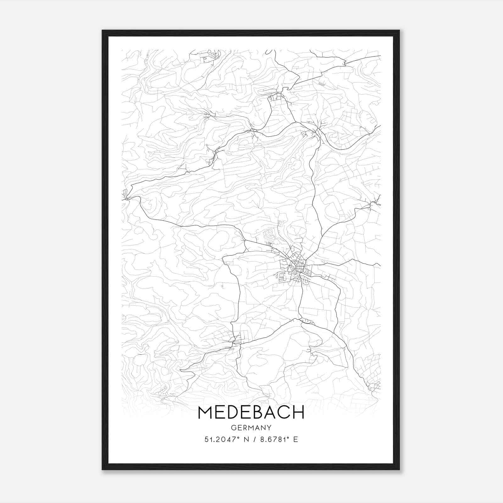Medebach Germany Map Poster, Modern Home Decor Wall Art Print