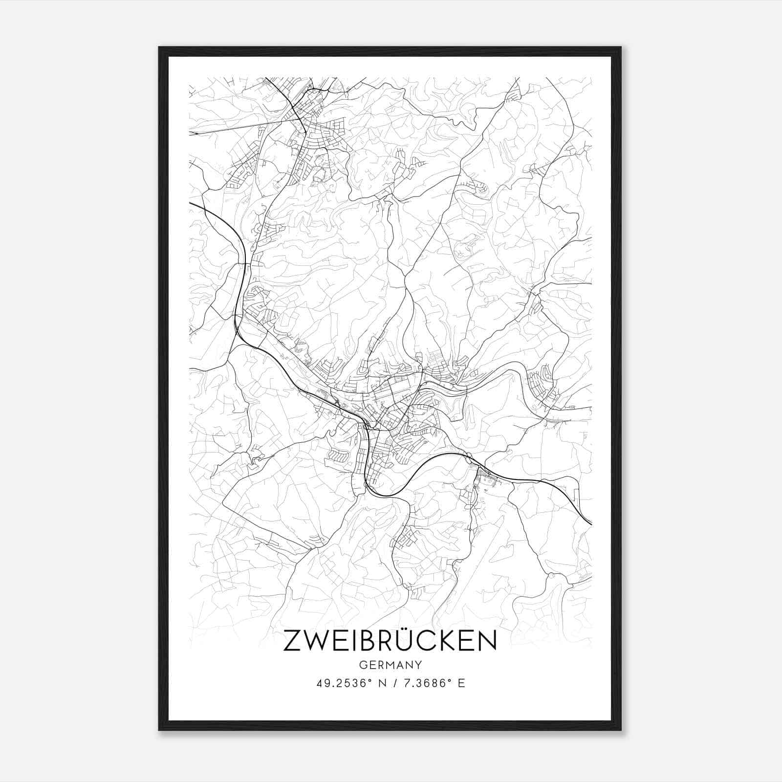 Zweibrucken Germany Map Poster, Modern Home Decor Wall Art Print