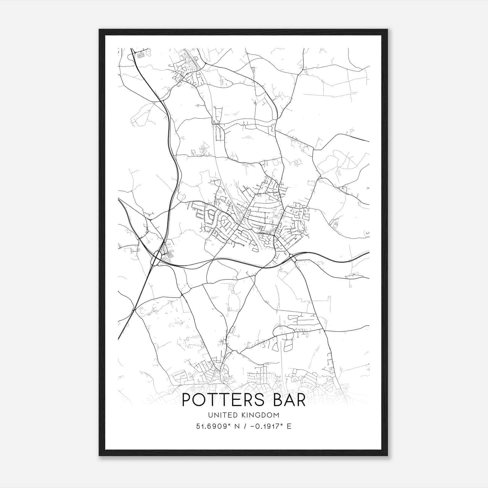Potters Bar United Kingdom Map Poster, Modern Home Decor Wall Art Print