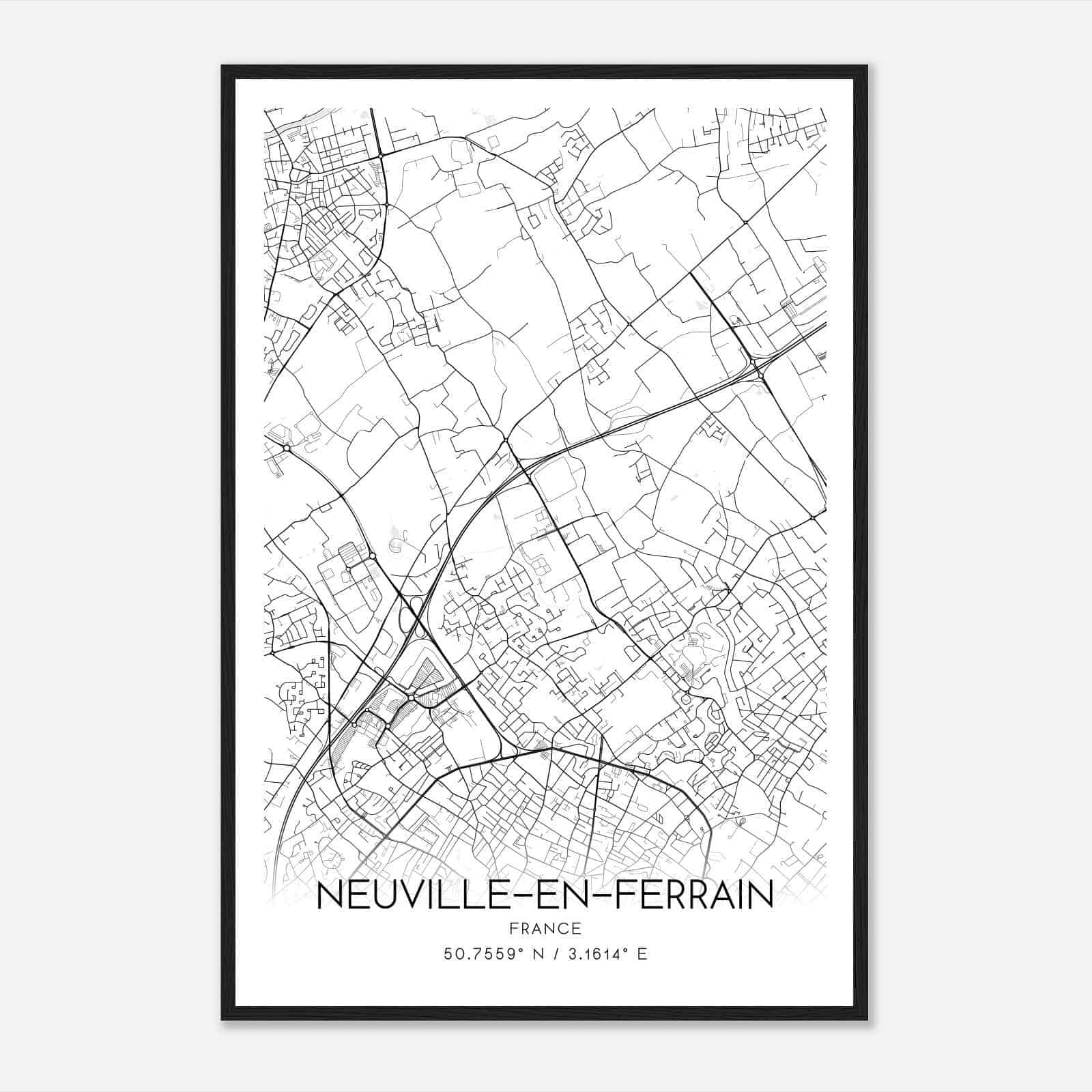 Neuville-en-Ferrain France Map Poster, Modern Home Decor Wall Art Print