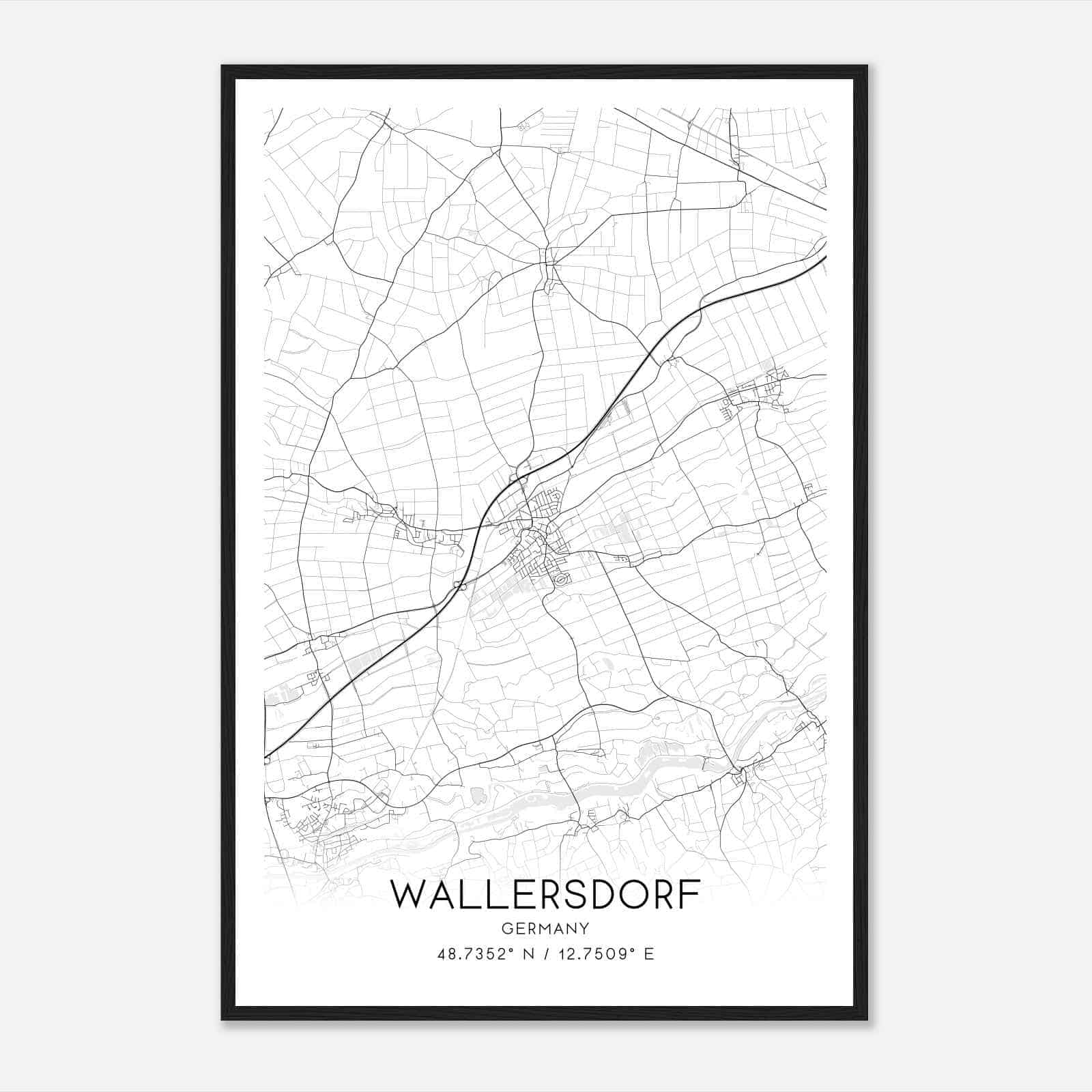 Wallersdorf Germany Map Poster, Modern Home Decor Wall Art Print