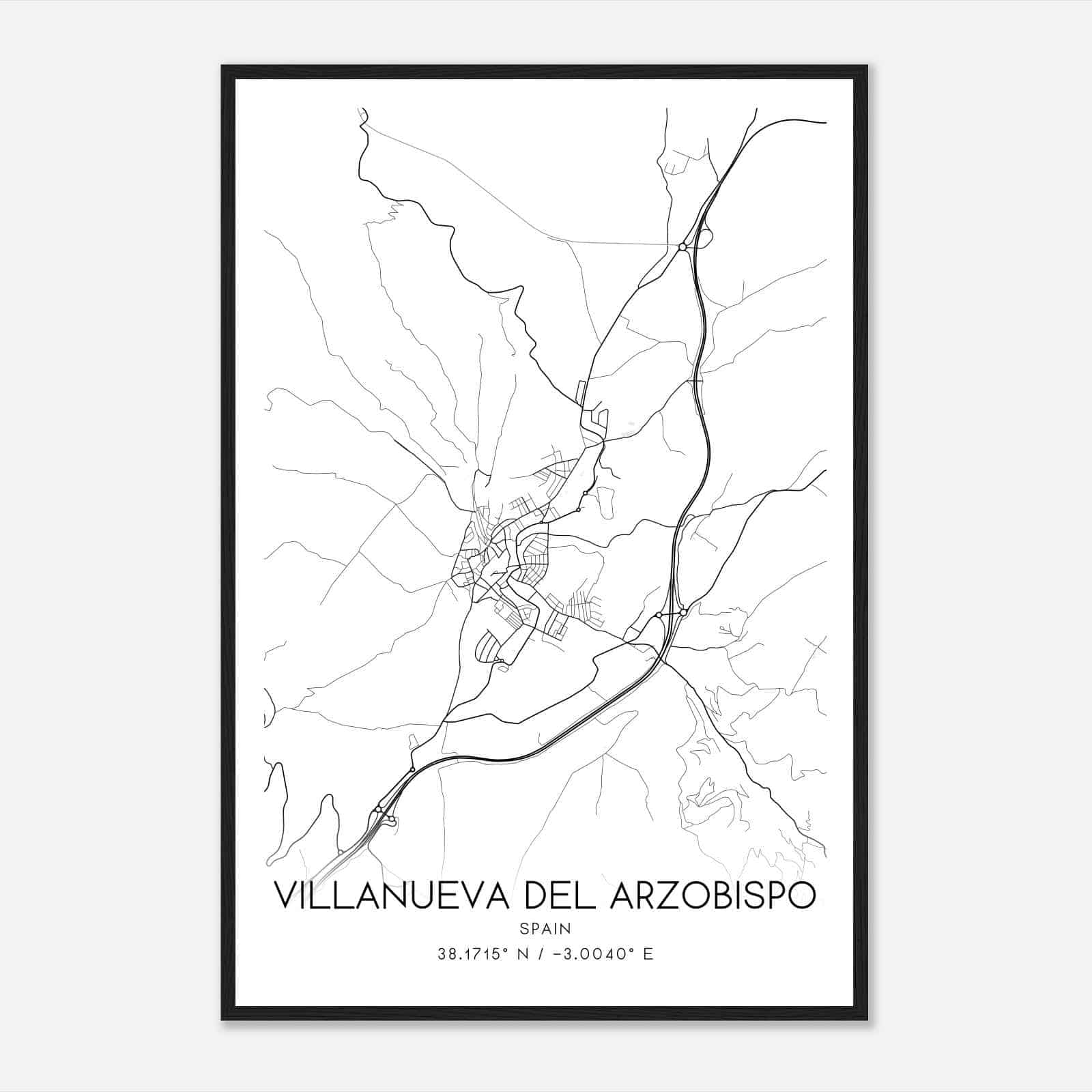 Villanueva del Arzobispo Spain Map Poster, Modern Home Decor Wall Art Print