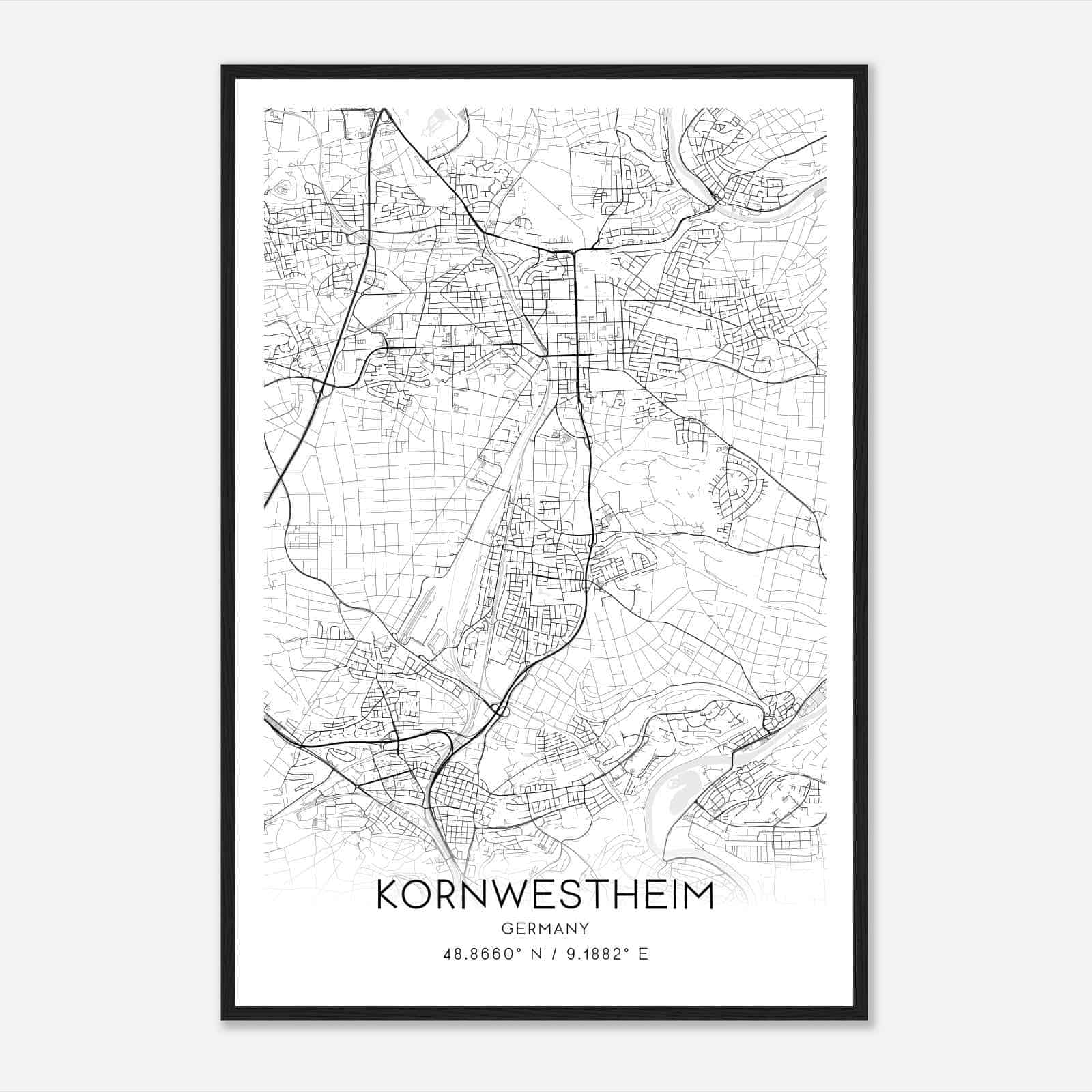 Kornwestheim Germany Map Poster, Modern Home Decor Wall Art Print