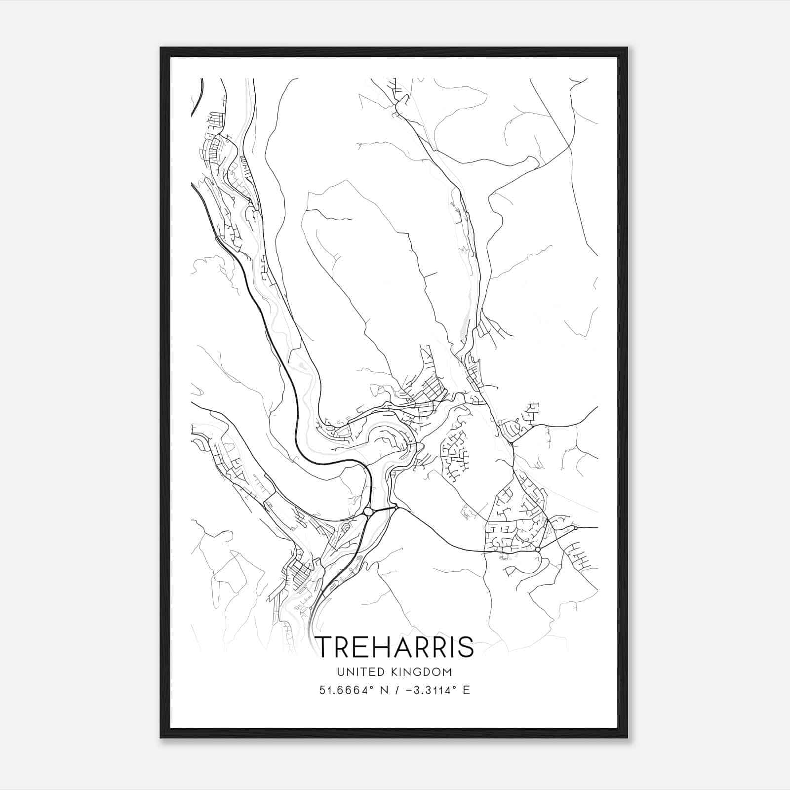 Treharris United Kingdom Map Poster, Modern Home Decor Wall Art Print