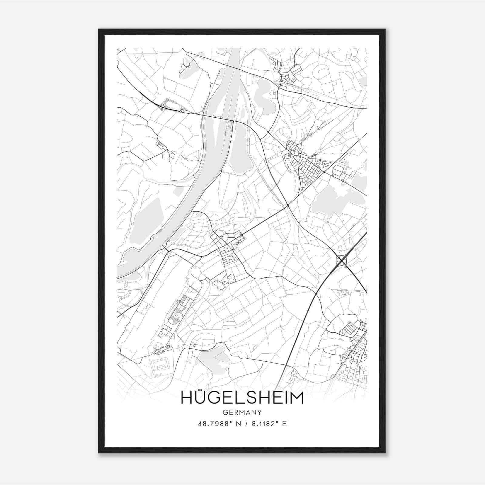 Hugelsheim Germany Map Poster, Modern Home Decor Wall Art Print
