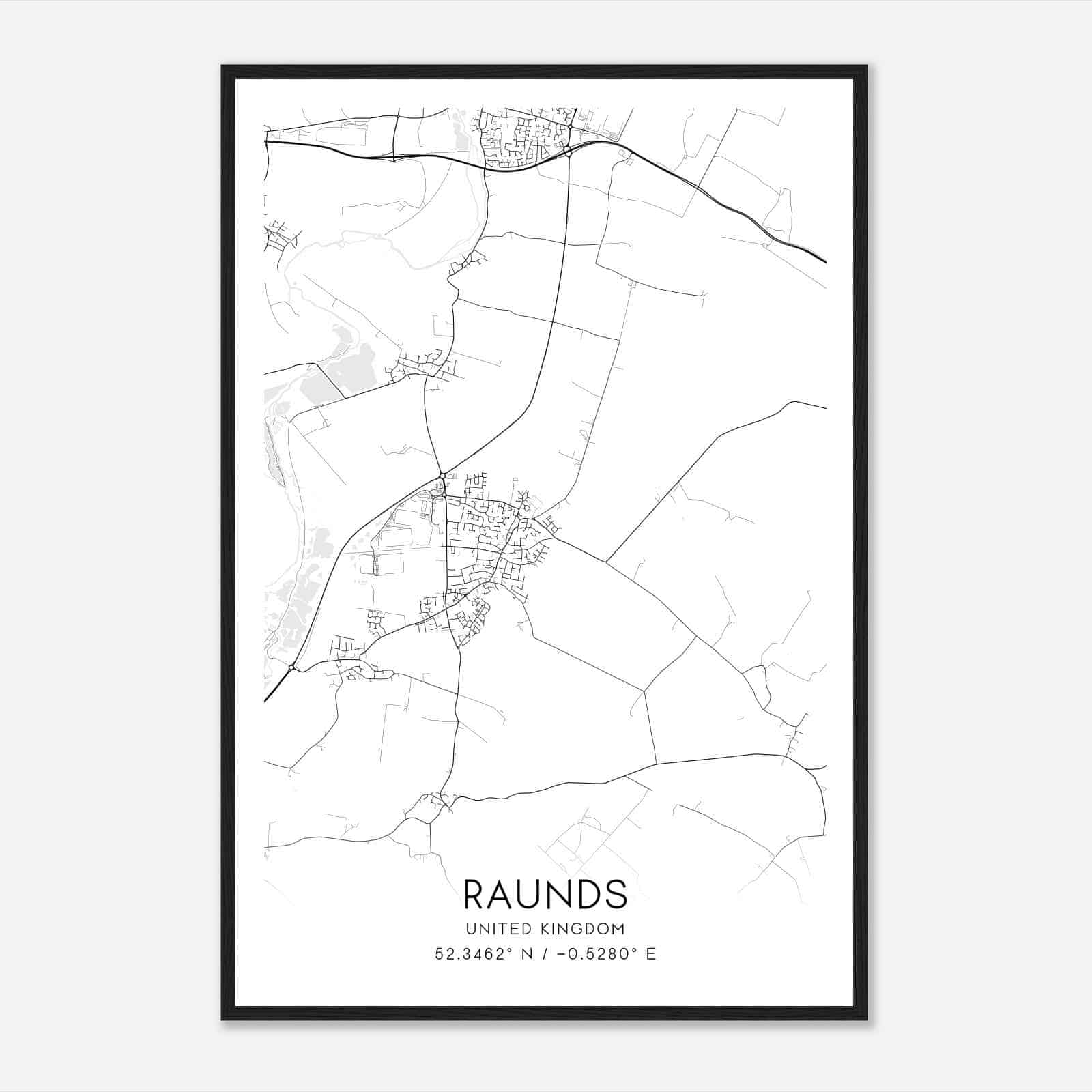 Raunds United Kingdom Map Poster, Modern Home Decor Wall Art Print