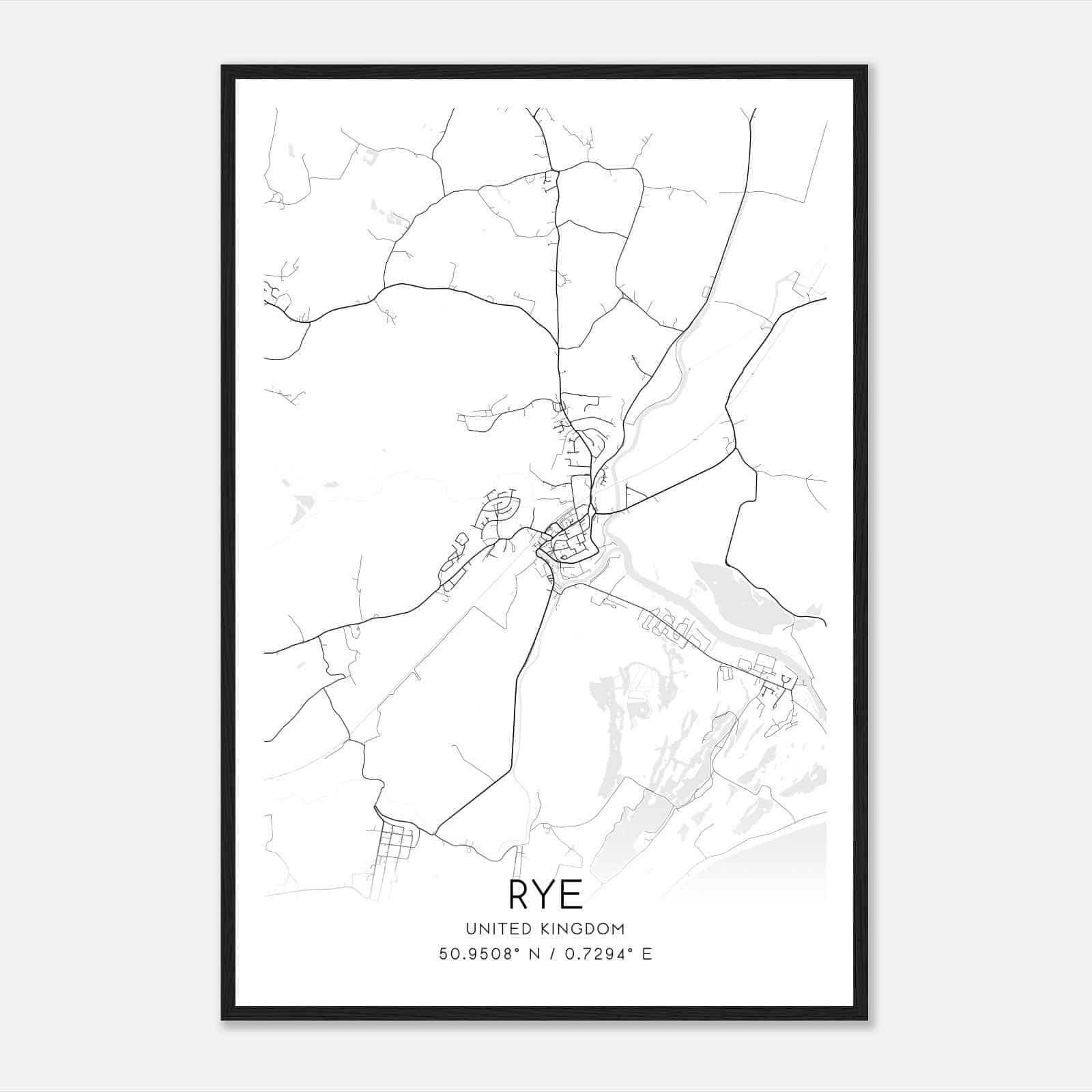 Rye United Kingdom Map Poster, Modern Home Decor Wall Art Print