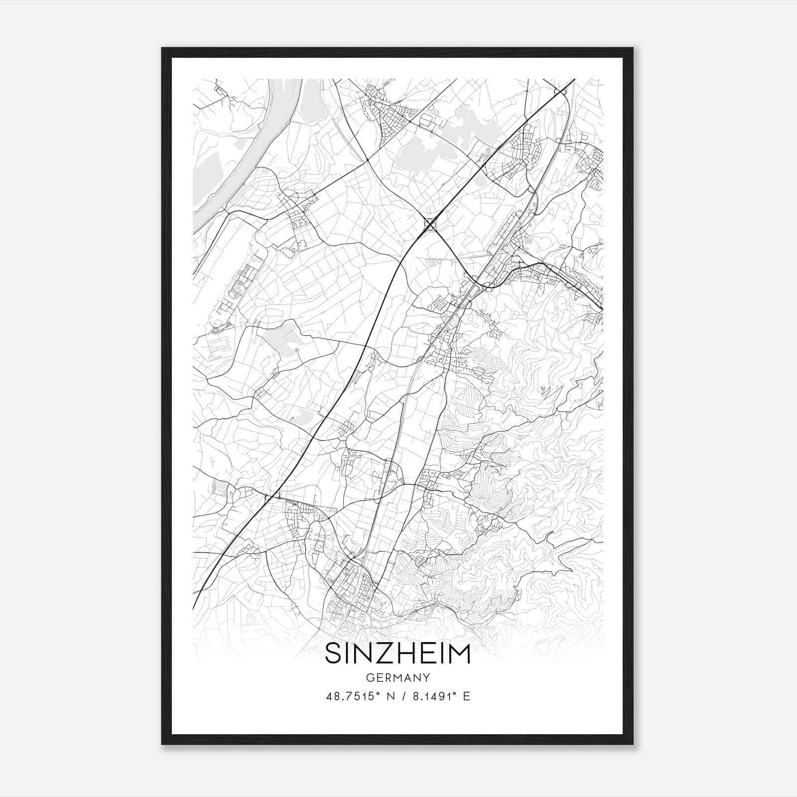 Sinzheim Germany Map Poster, Modern Home Decor Wall Art Print