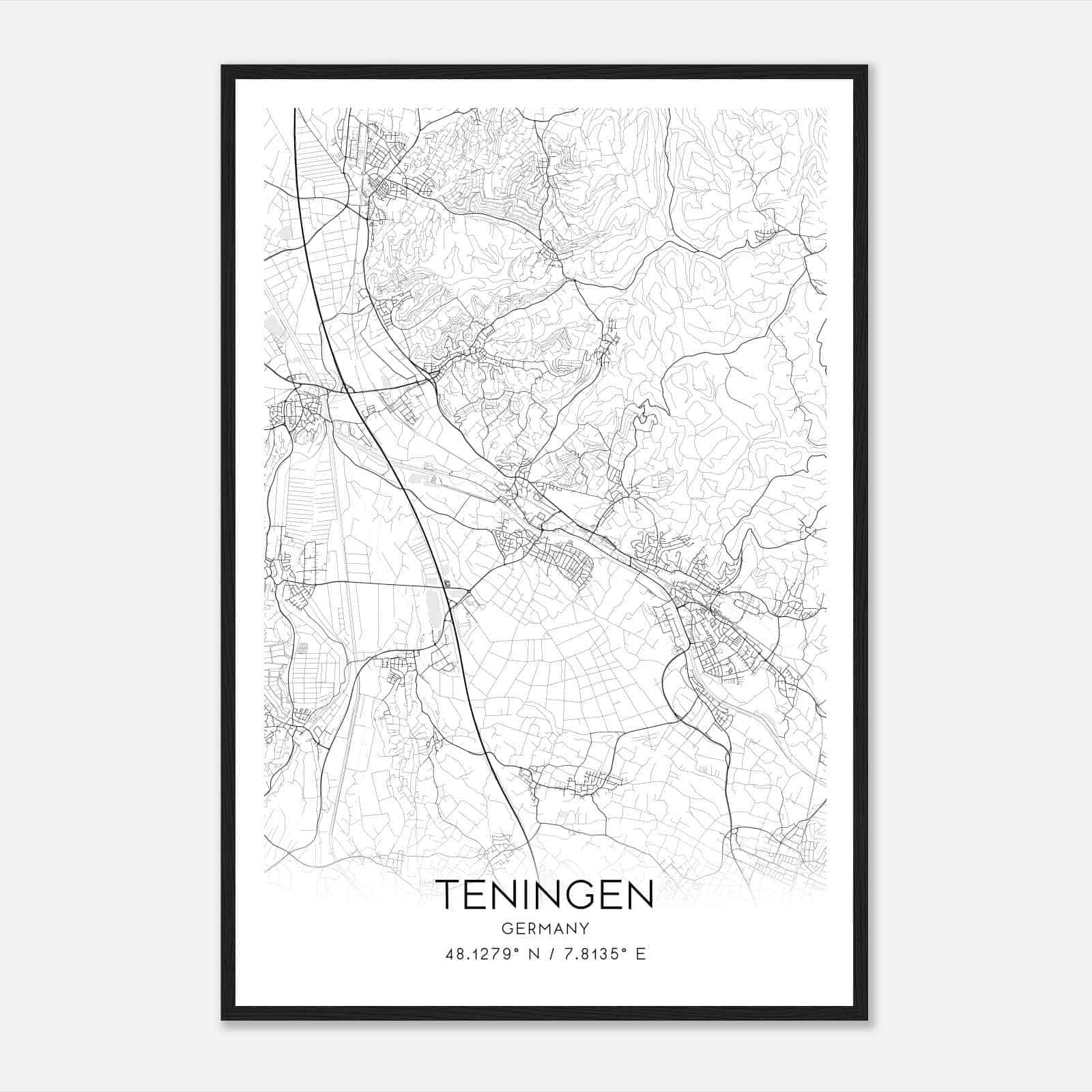 Teningen Germany Map Poster, Modern Home Decor Wall Art Print