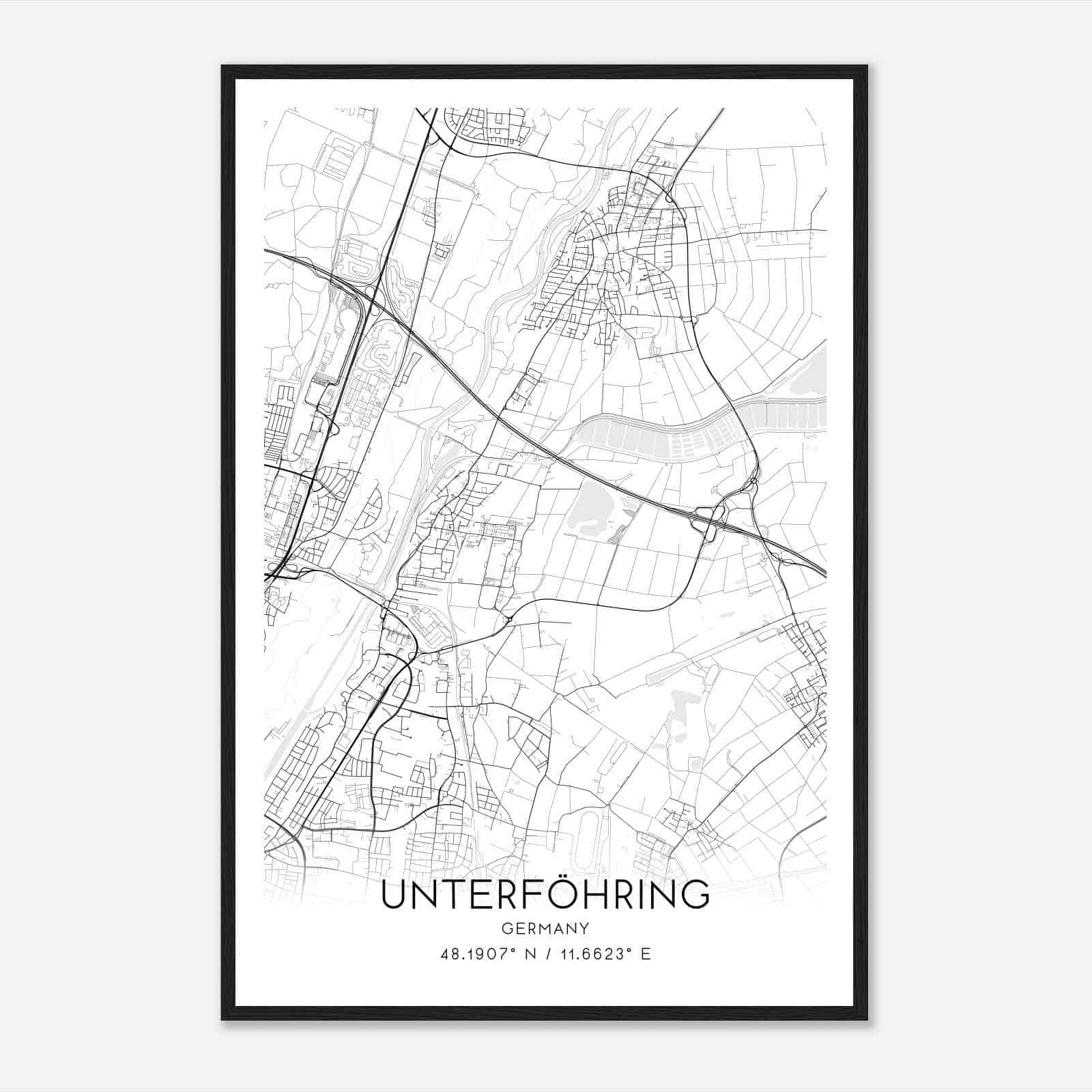 Unterfohring Germany Map Poster, Modern Home Decor Wall Art Print