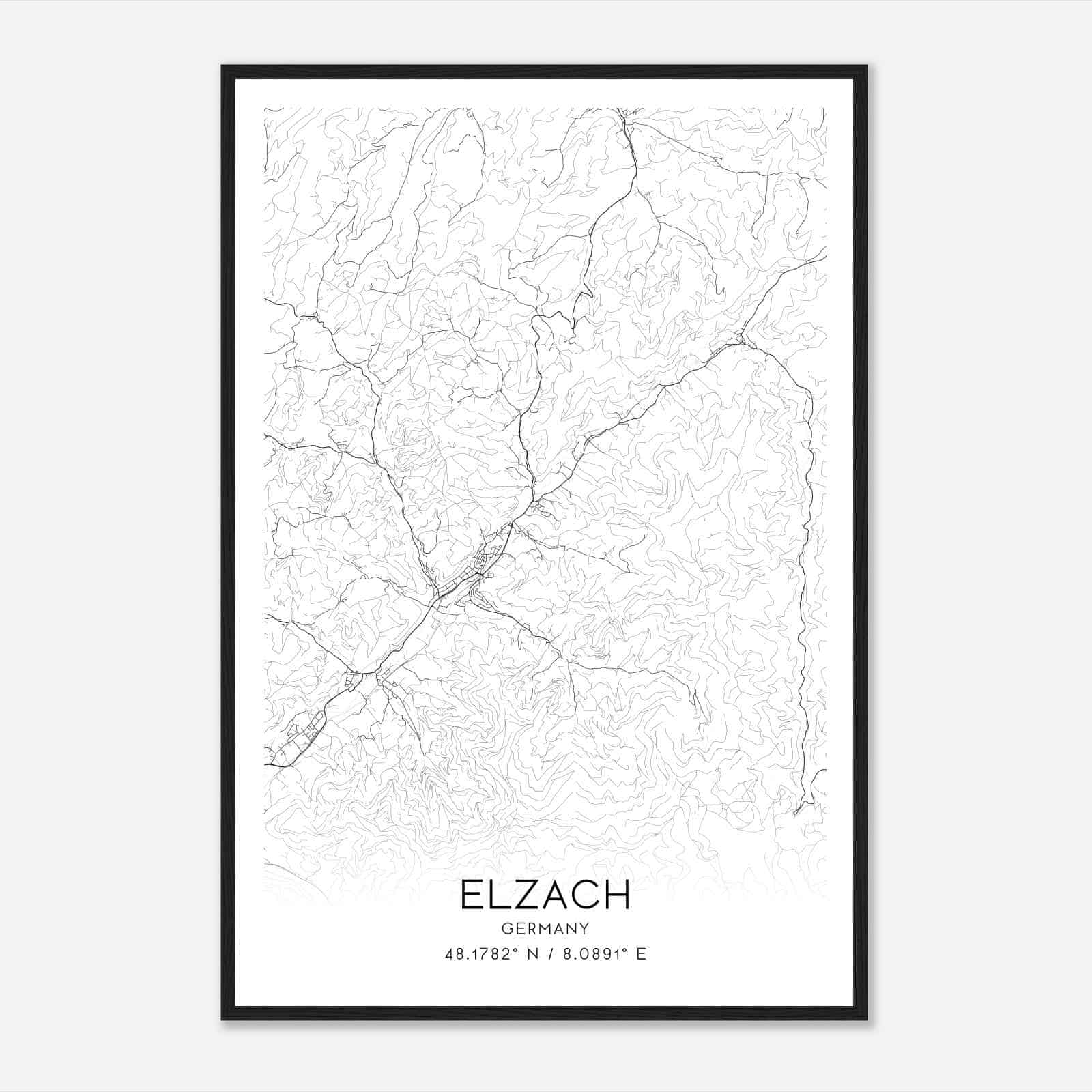 Elzach Germany Map Poster, Modern Home Decor Wall Art Print