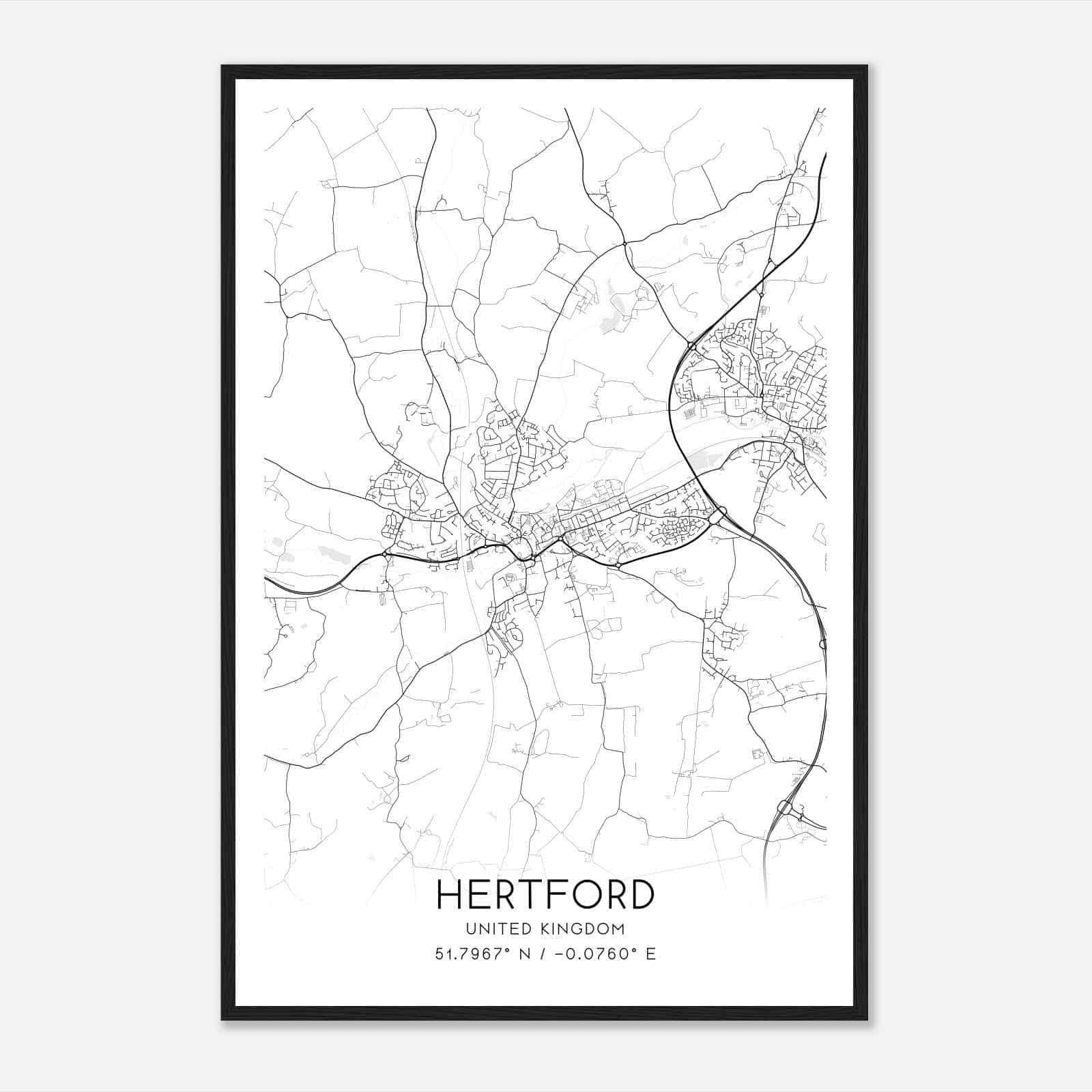 Hertford United Kingdom Map Poster, Modern Home Decor Wall Art Print