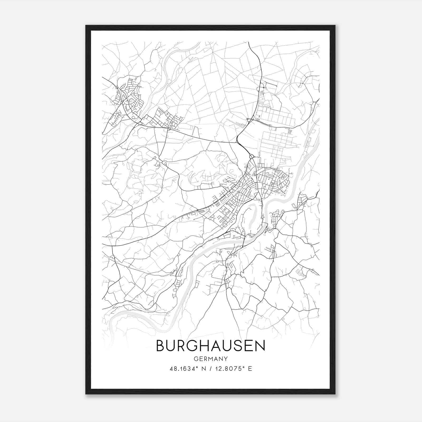 Burghausen Germany Map Poster, Modern Home Decor Wall Art Print