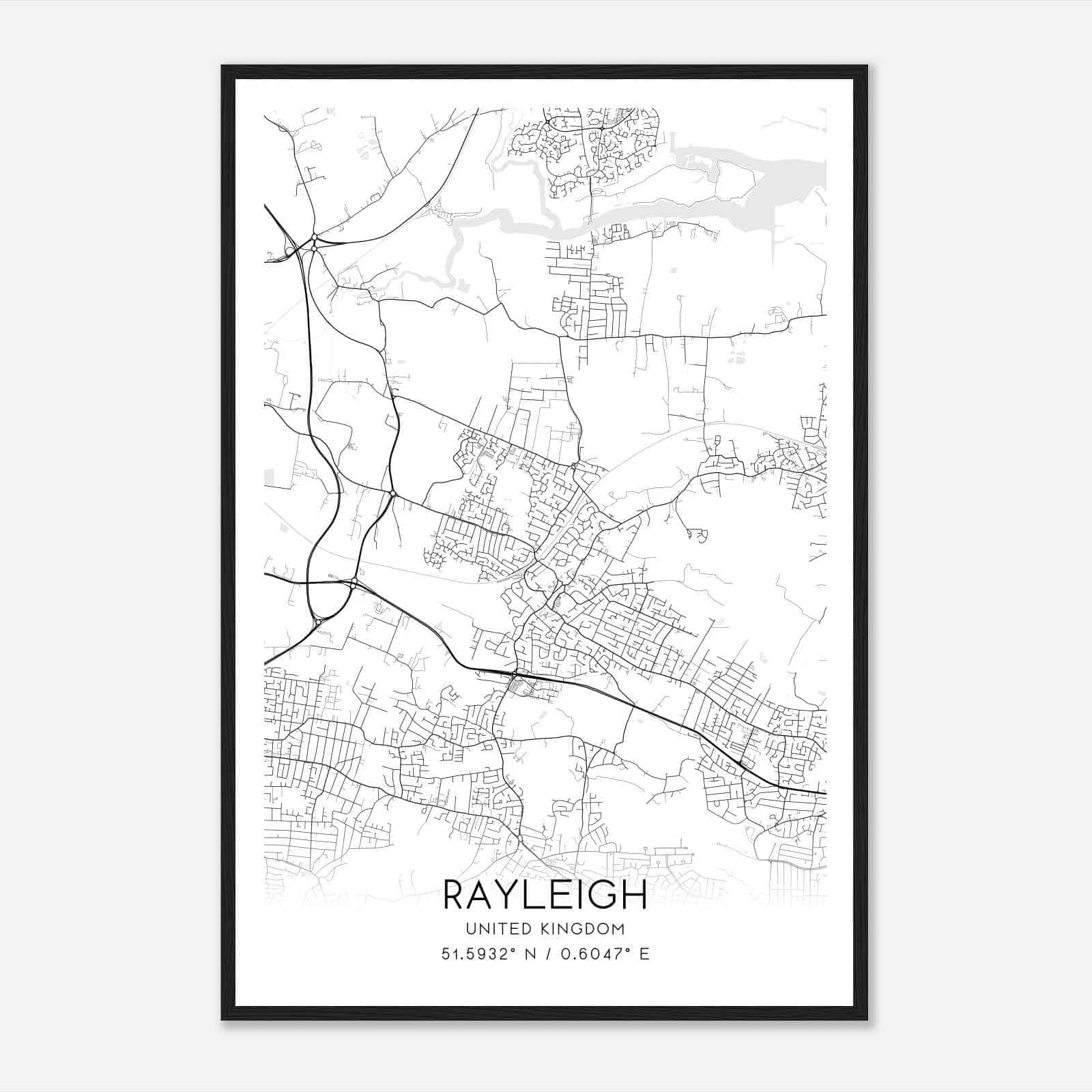 Rayleigh United Kingdom Map Poster, Modern Home Decor Wall Art Print
