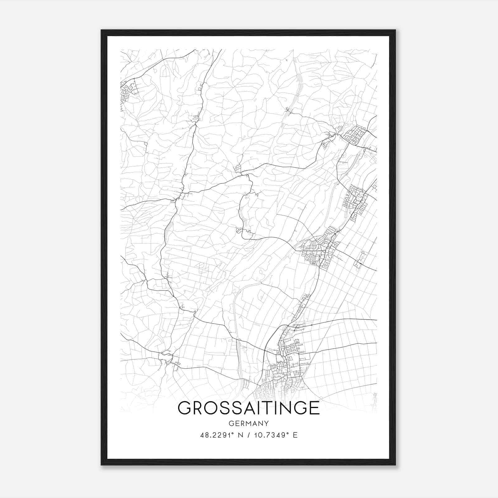 Grossaitingen Germany Map Poster, Modern Home Decor Wall Art Print