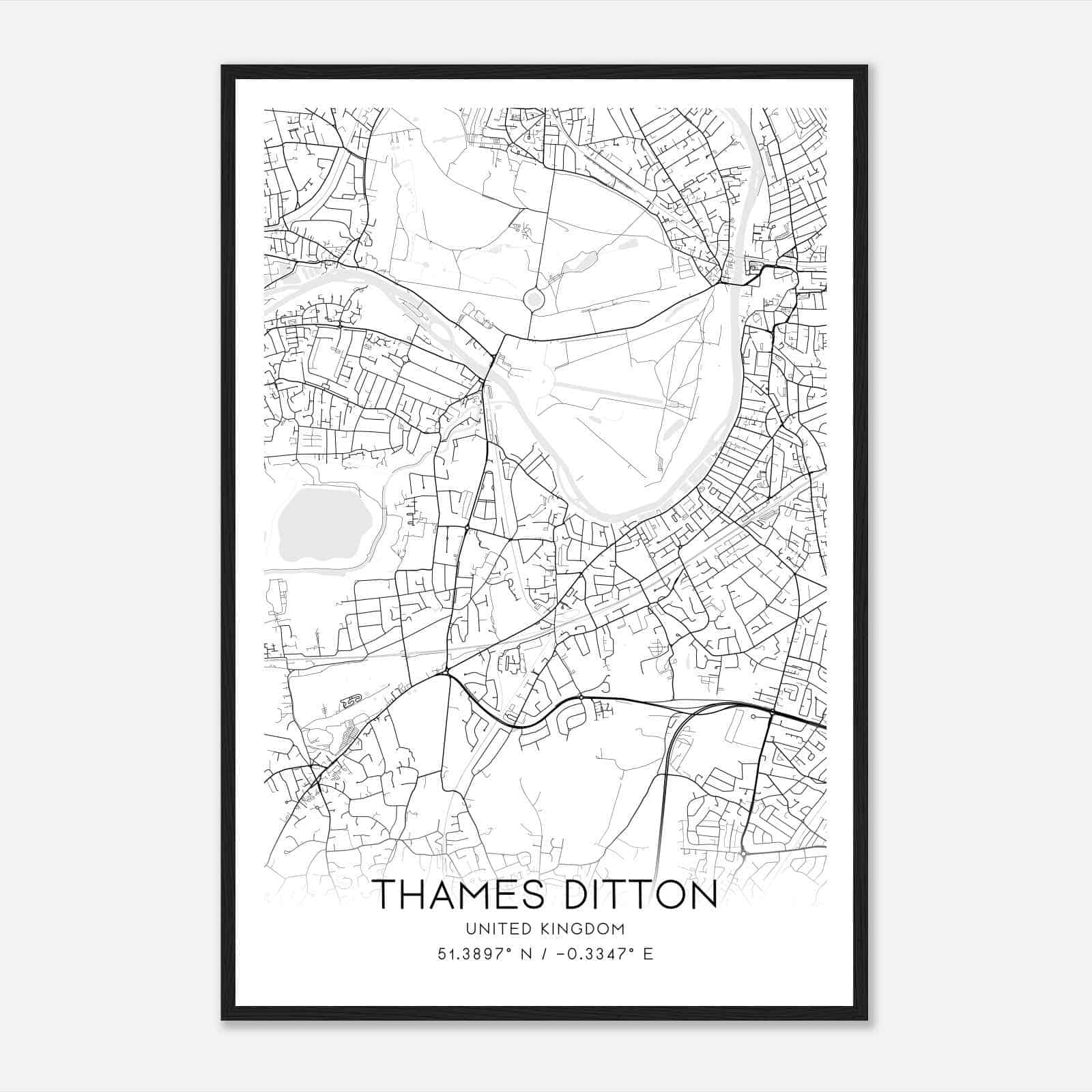 Thames Ditton United Kingdom Map Poster, Modern Home Decor Wall Art Print