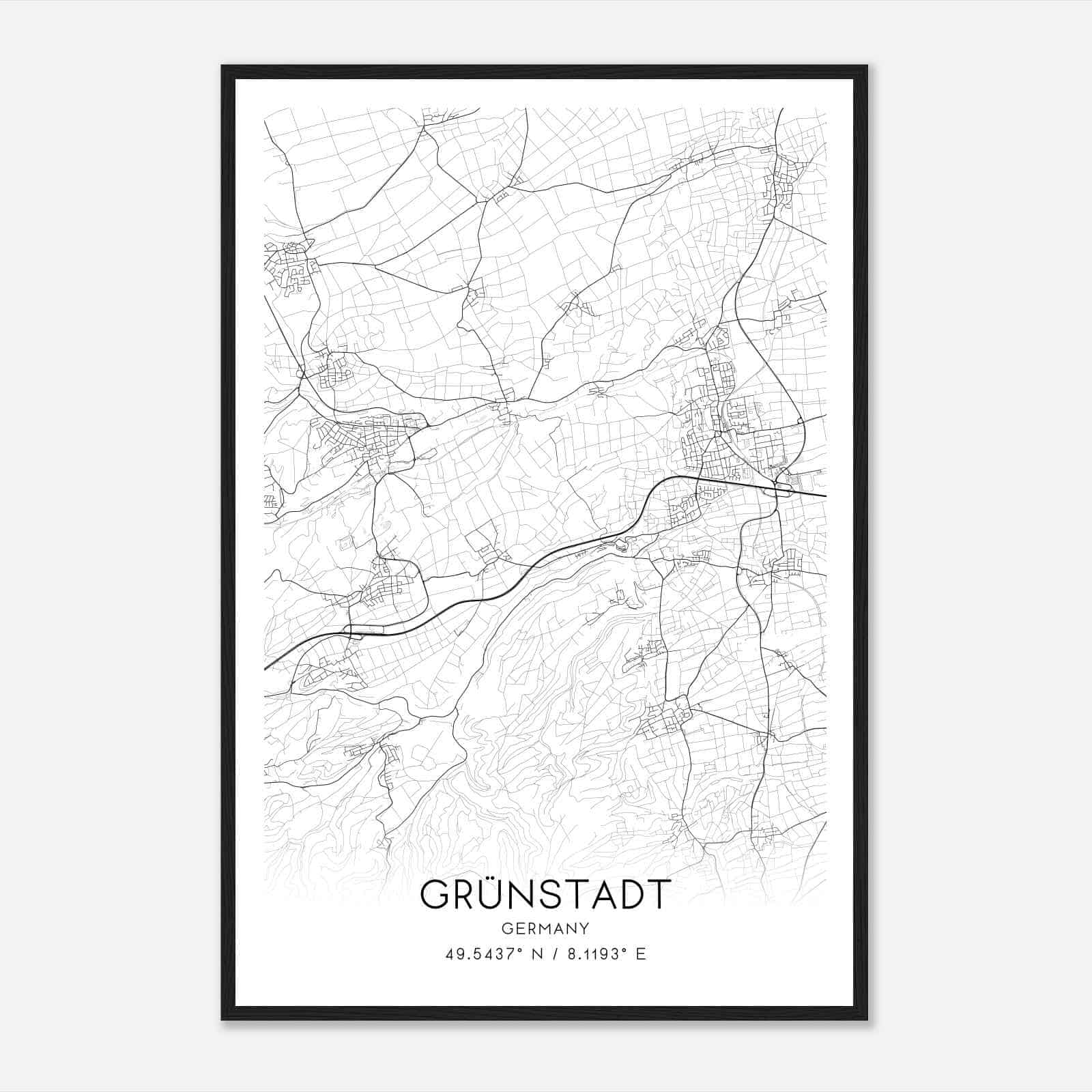 Grunstadt Germany Map Poster, Modern Home Decor Wall Art Print