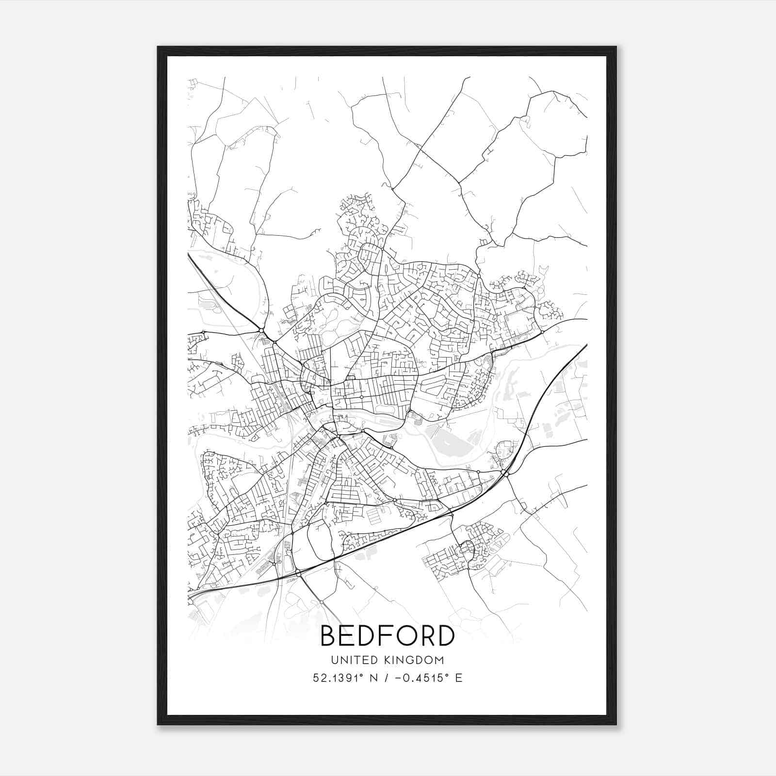 Bedford United Kingdom Map Poster, Modern Home Decor Wall Art Print