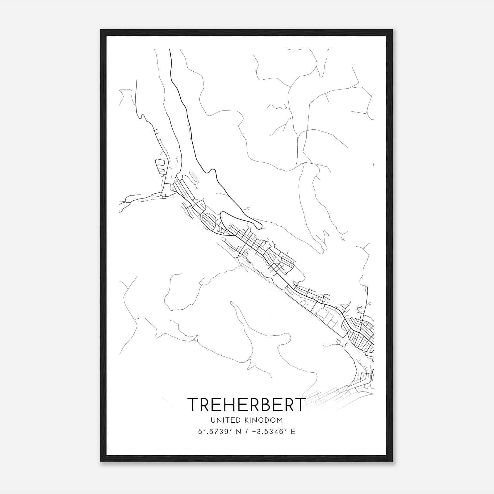 Treherbert United Kingdom Map Poster, Modern Home Decor Wall Art Print
