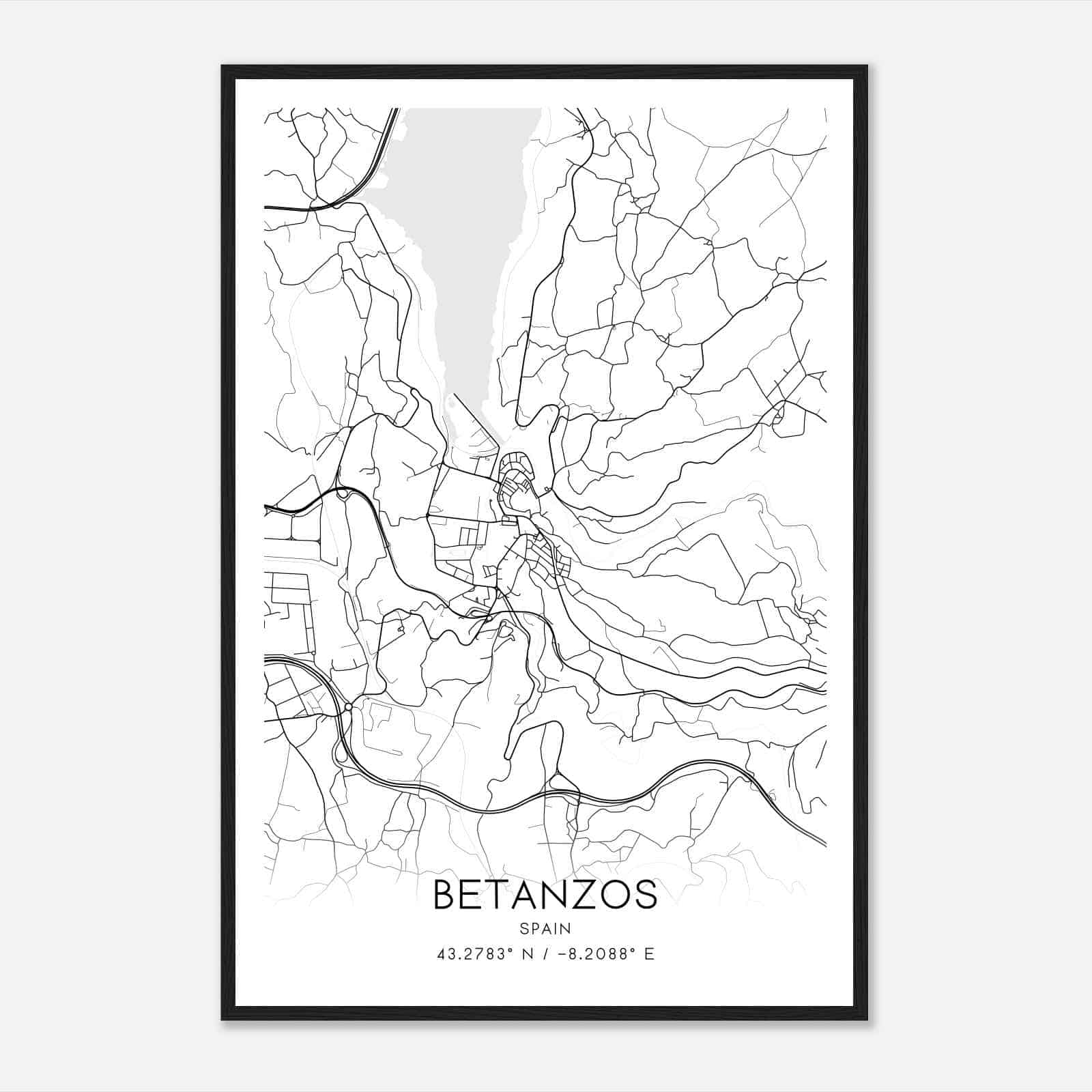 Betanzos Spain Map Poster, Modern Home Decor Wall Art Print