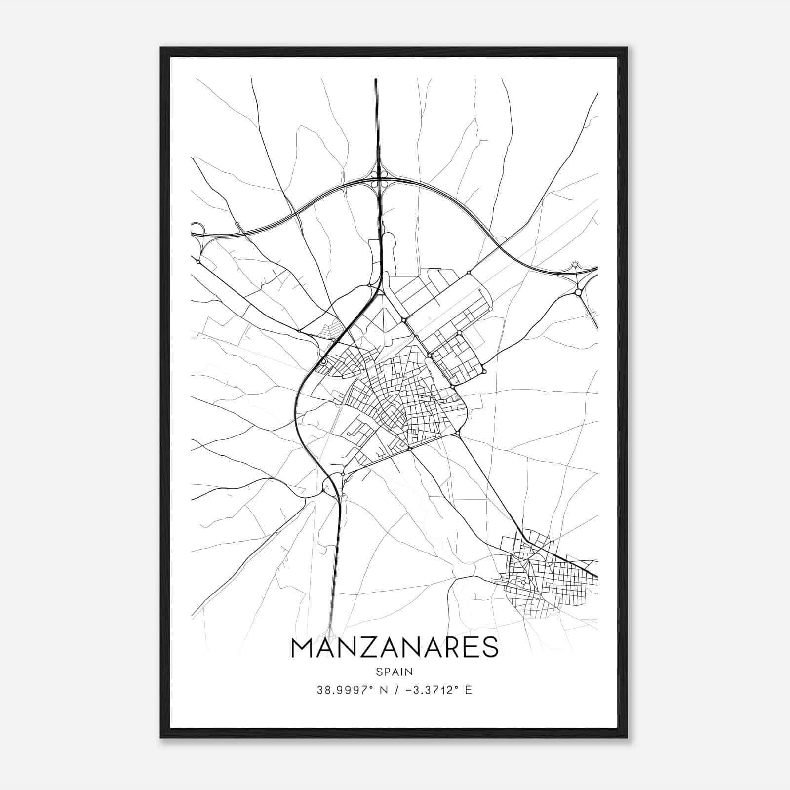 Manzanares Spain Map Poster, Modern Home Decor Wall Art Print