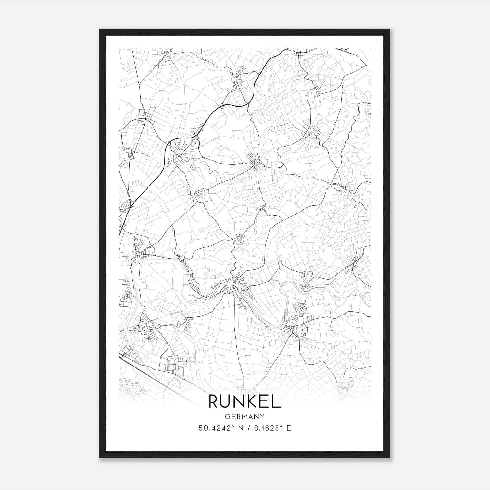 Runkel Germany Map Poster, Modern Home Decor Wall Art Print