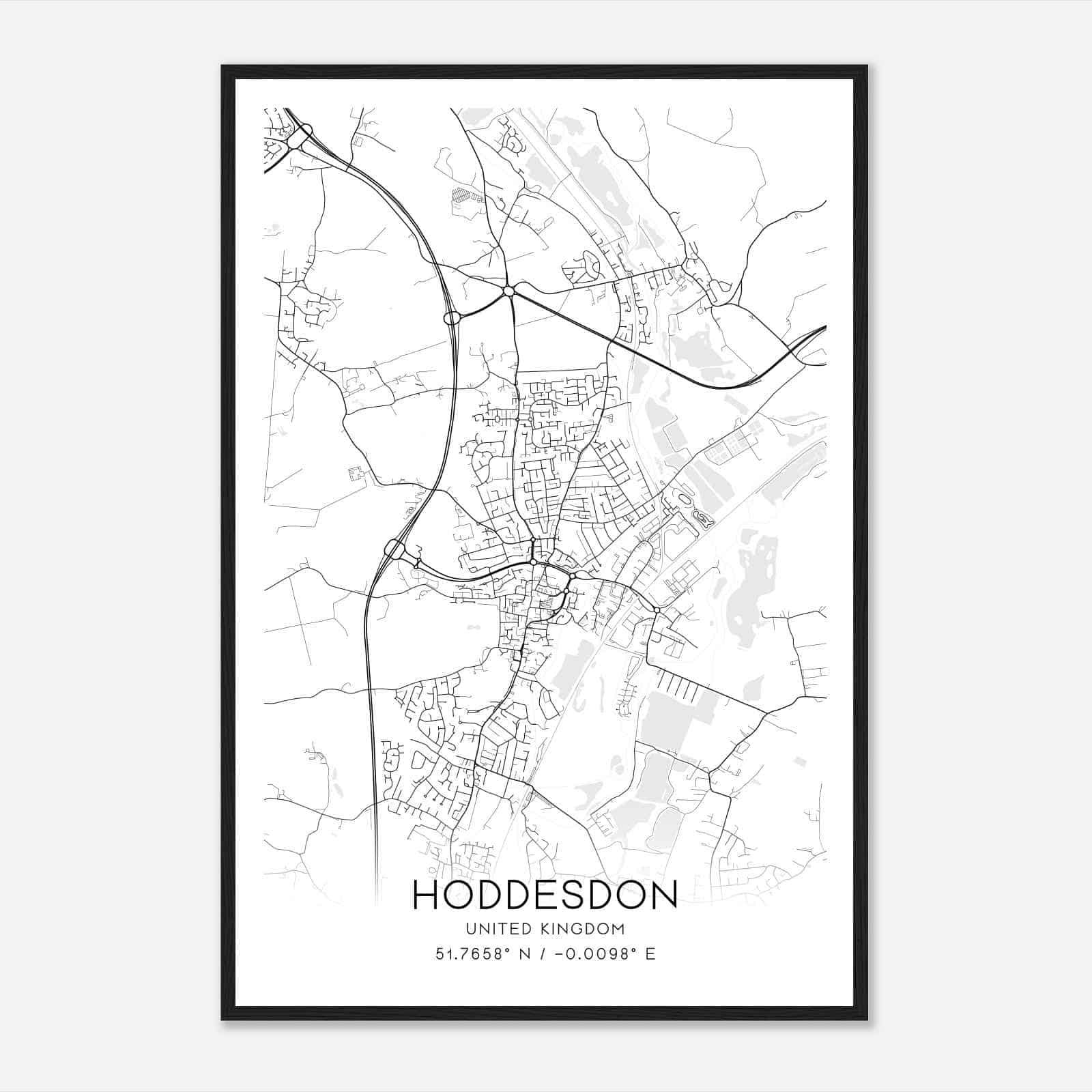 Hoddesdon United Kingdom Map Poster, Modern Home Decor Wall Art Print