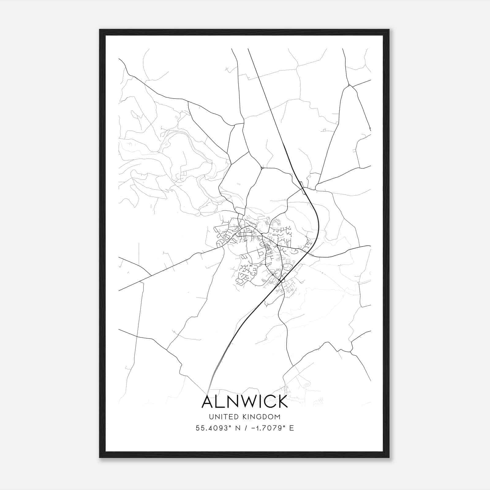 Alnwick United Kingdom Map Poster, Modern Home Decor Wall Art Print