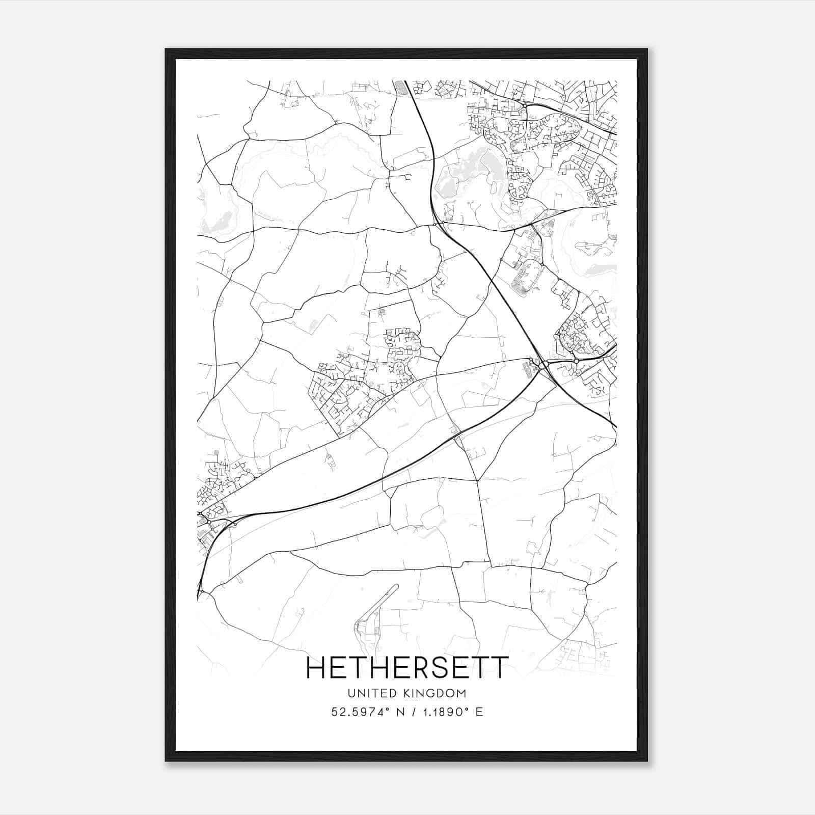 Hethersett United Kingdom Map Poster, Modern Home Decor Wall Art Print