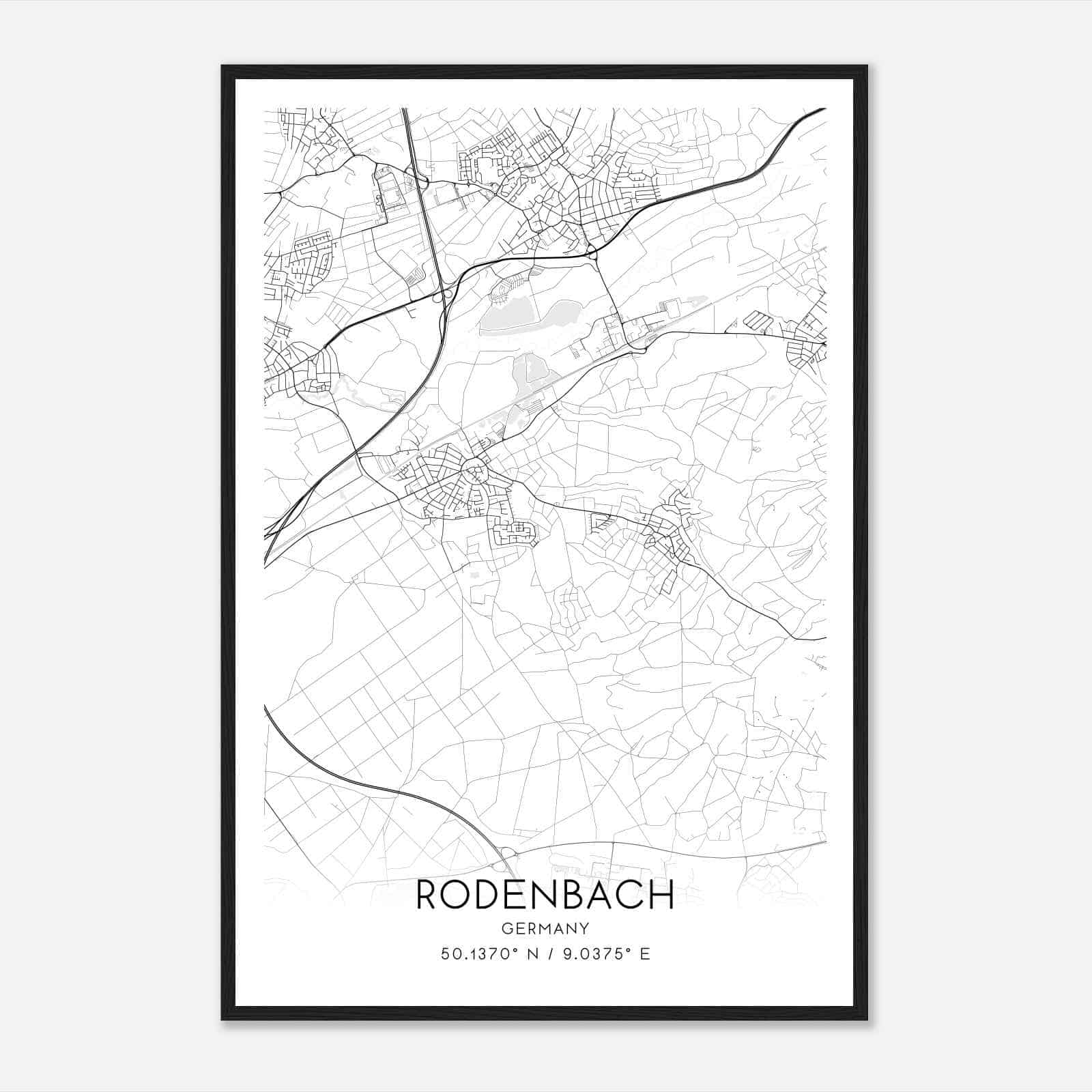 Rodenbach Germany Map Poster, Modern Home Decor Wall Art Print