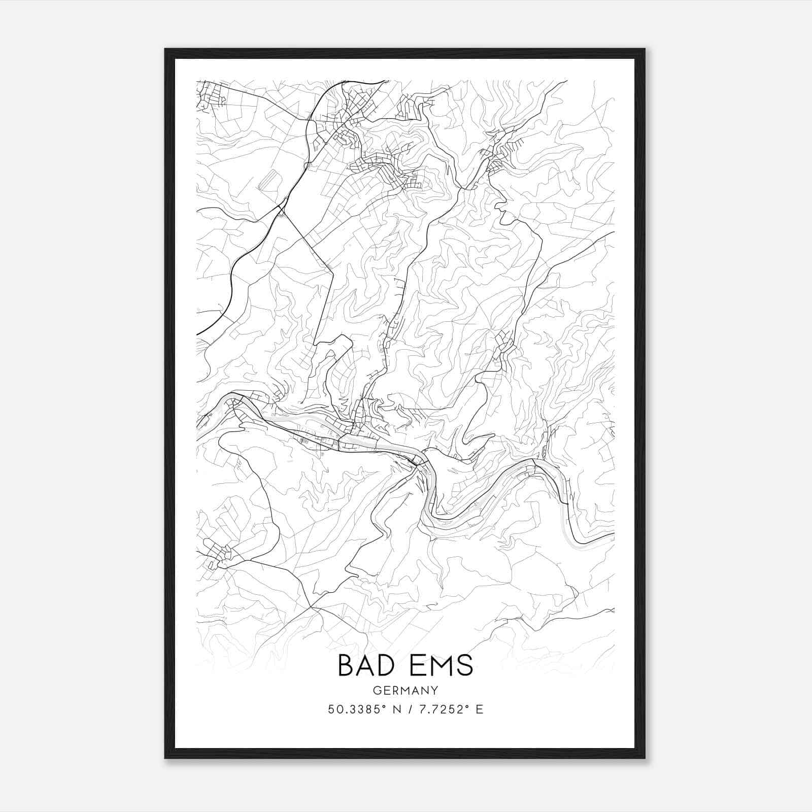 Bad Ems Germany Map Poster, Modern Home Decor Wall Art Print