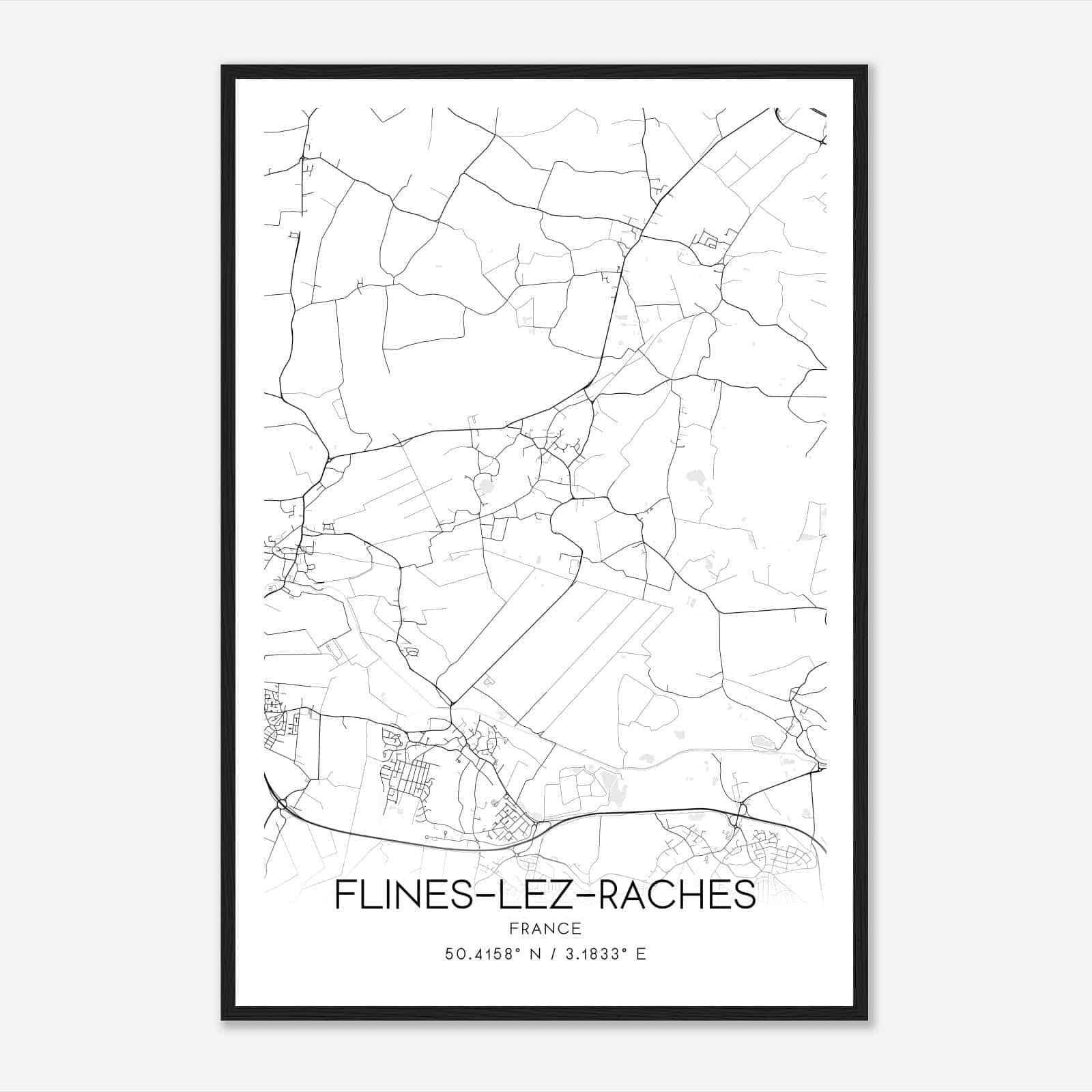 Flines-les-Raches France Map Poster, Modern Home Decor Wall Art Print