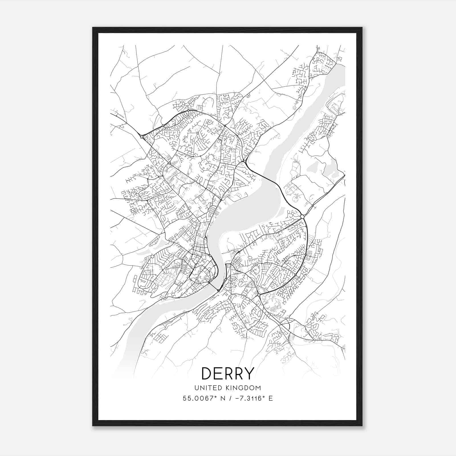 Derry United Kingdom Map Poster, Modern Home Decor Wall Art Print