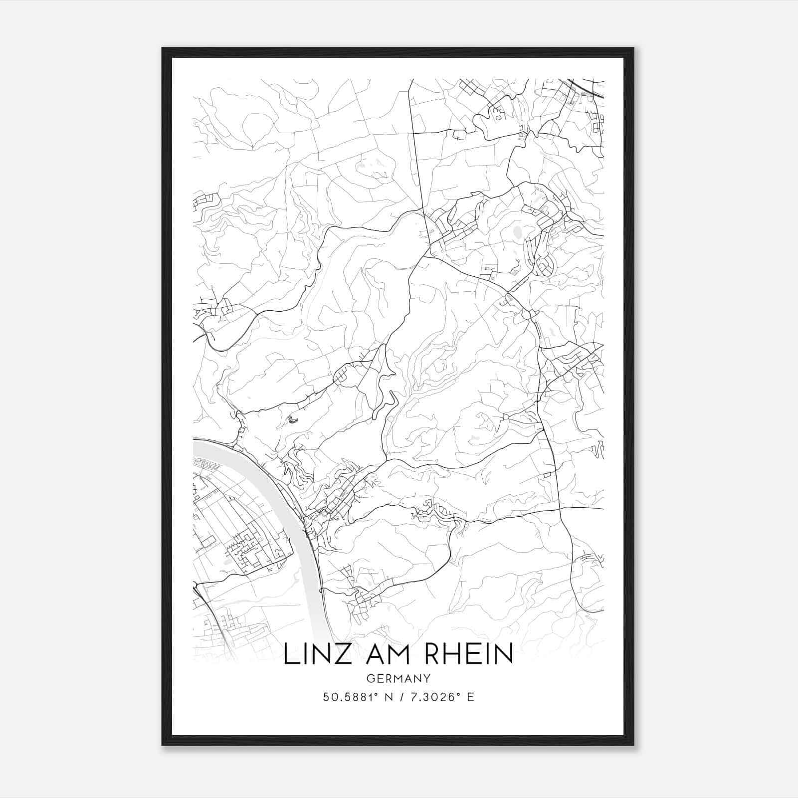 Linz am Rhein Germany Map Poster, Modern Home Decor Wall Art Print