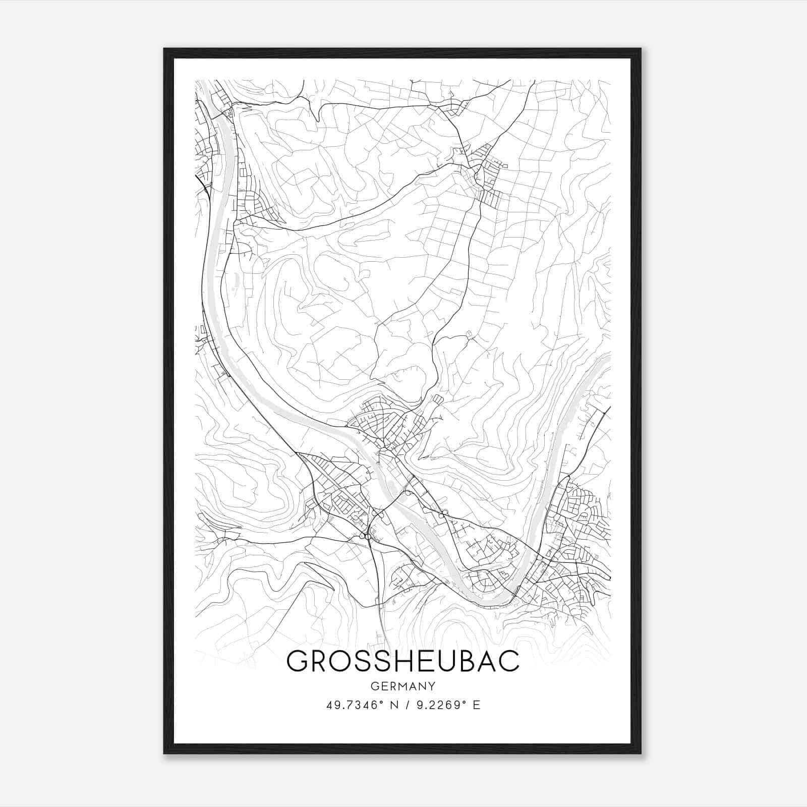 Grossheubach Germany Map Poster, Modern Home Decor Wall Art Print